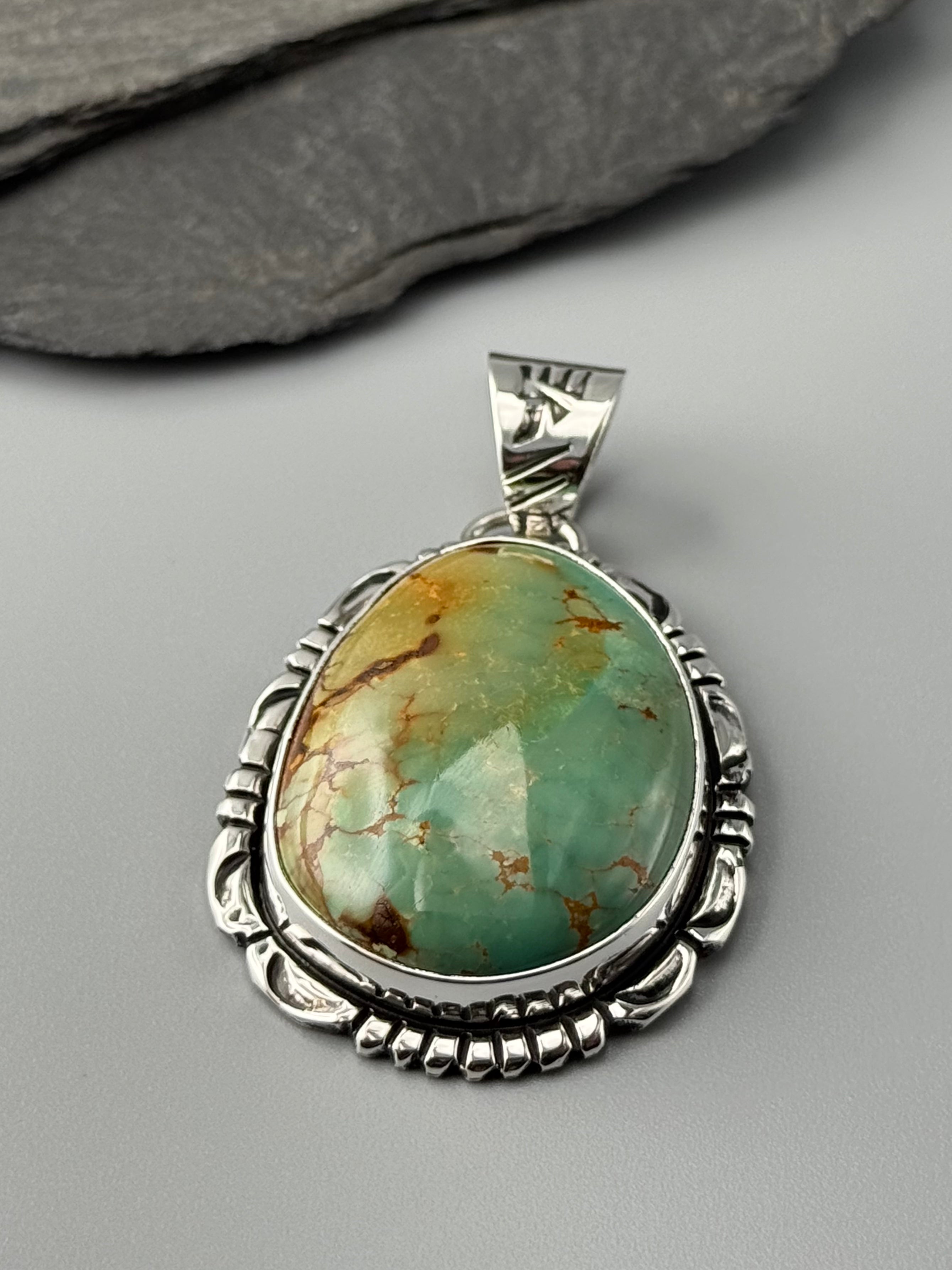 •KINGMAN TURQUOISE - MOUNTAIN FEATHERS - 2• Navajo sterling silver pendant