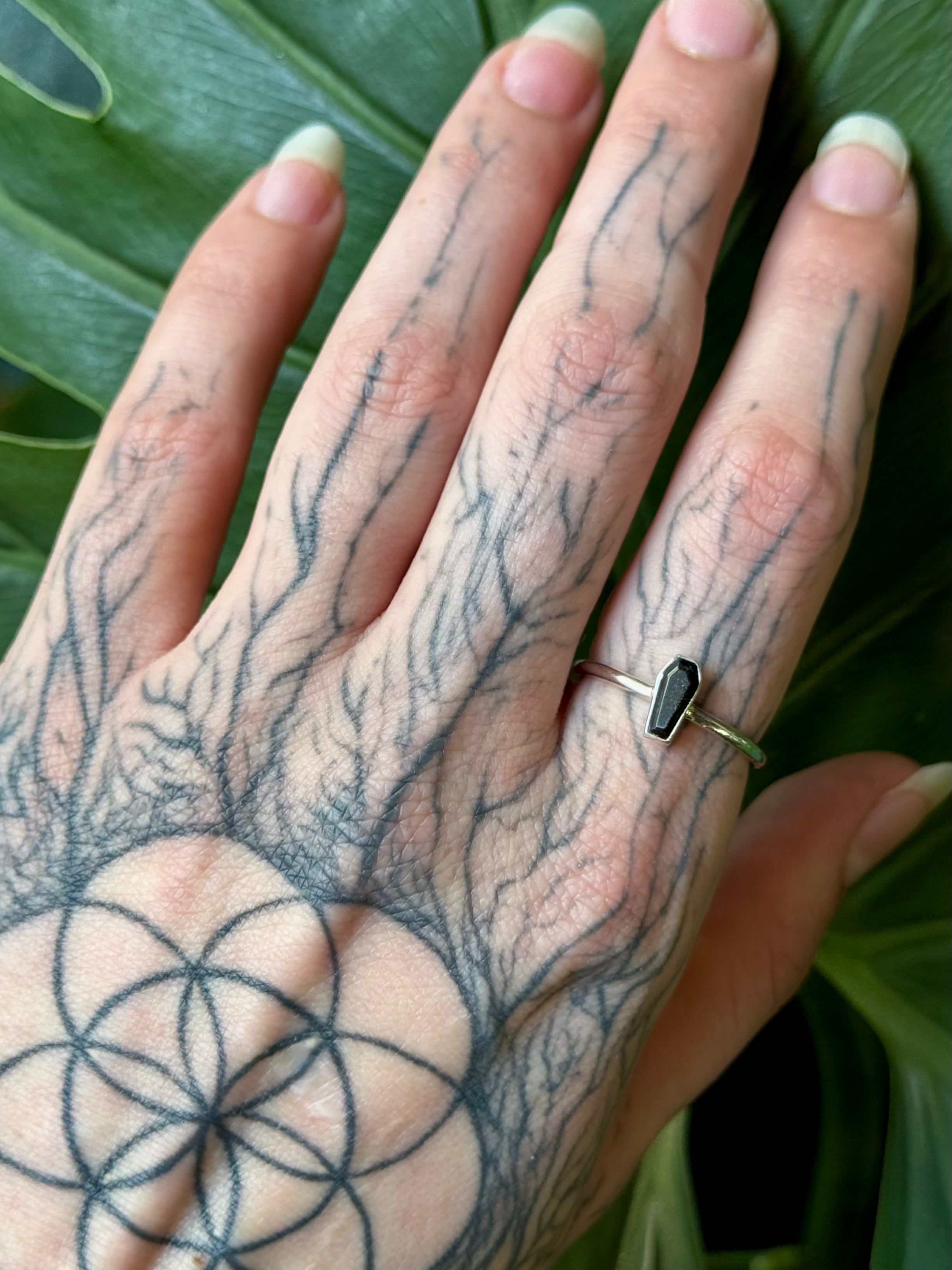 •BLACK TOURMALINE - LIL' COFFIN• silver ring (various sizes)