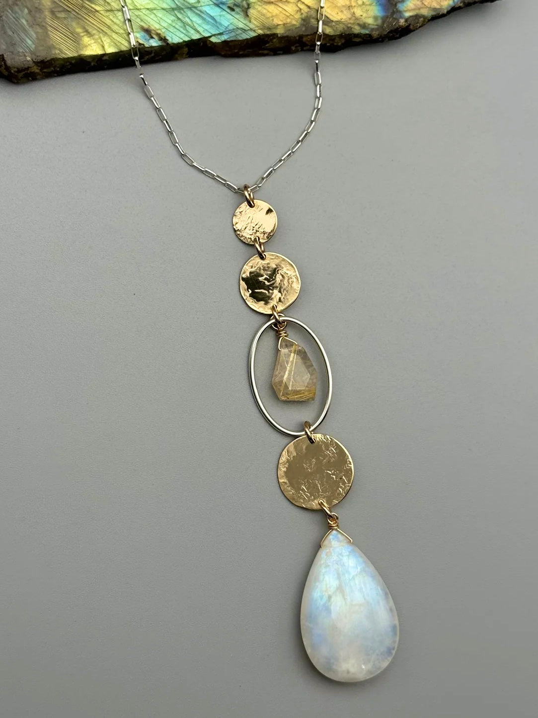 •NYX• rutilated quartz + rainbow moonstone mixed metal necklace (26"-28" long)
