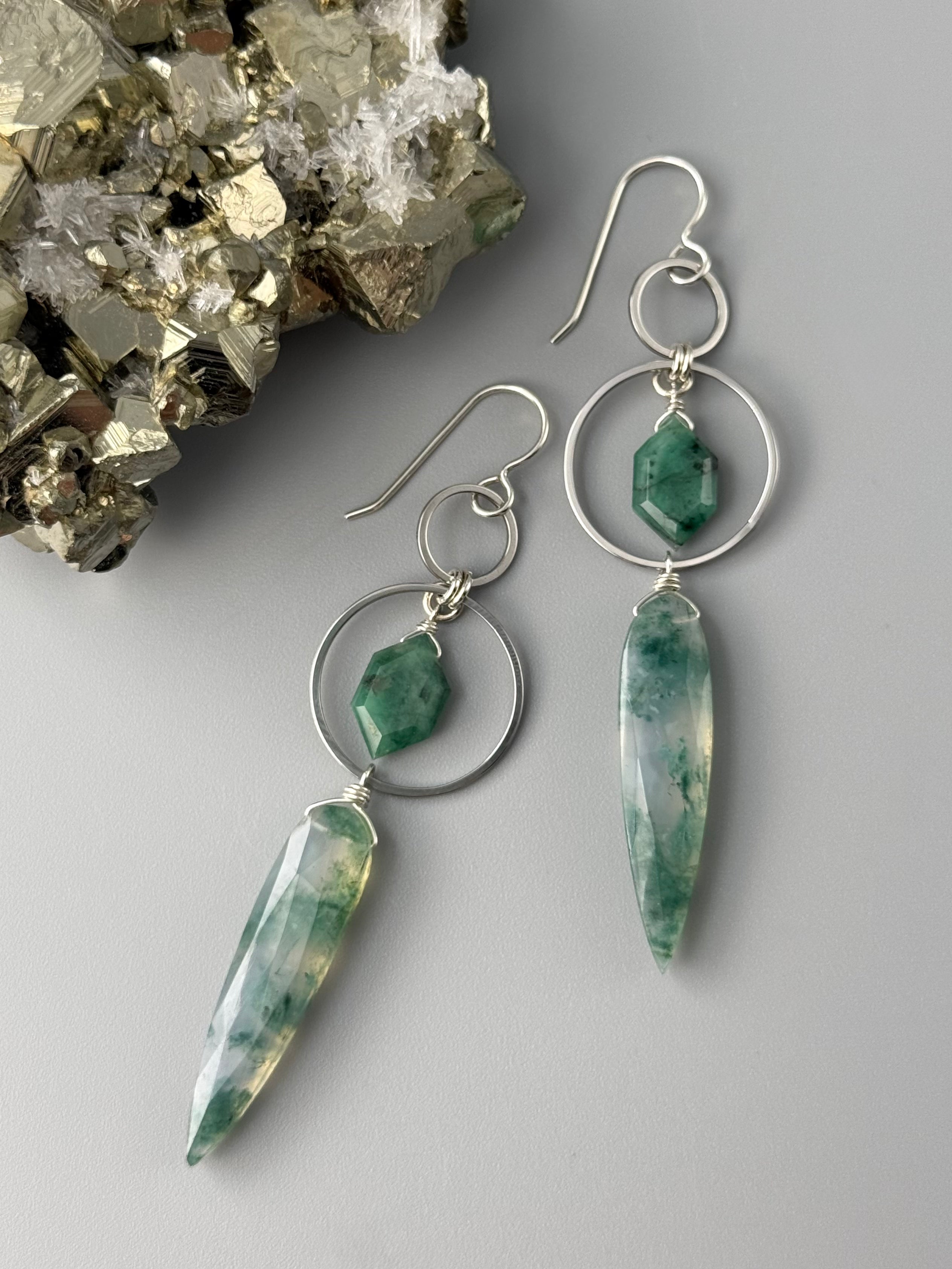 •EQUA-LUNA• emerald + moss agate + silver earrings