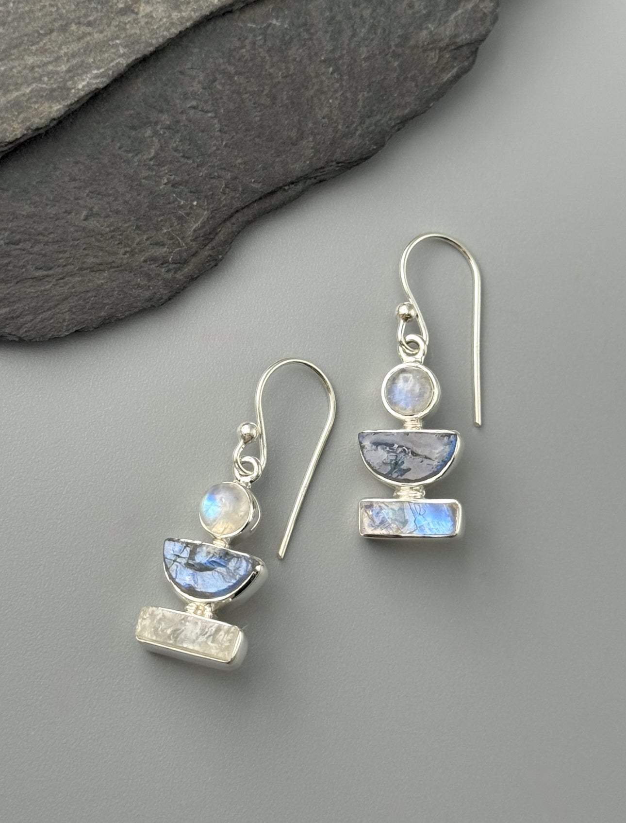 •RAINBOW MOONSTONE + LABRADORITE - BALANCE• silver dangle earrings