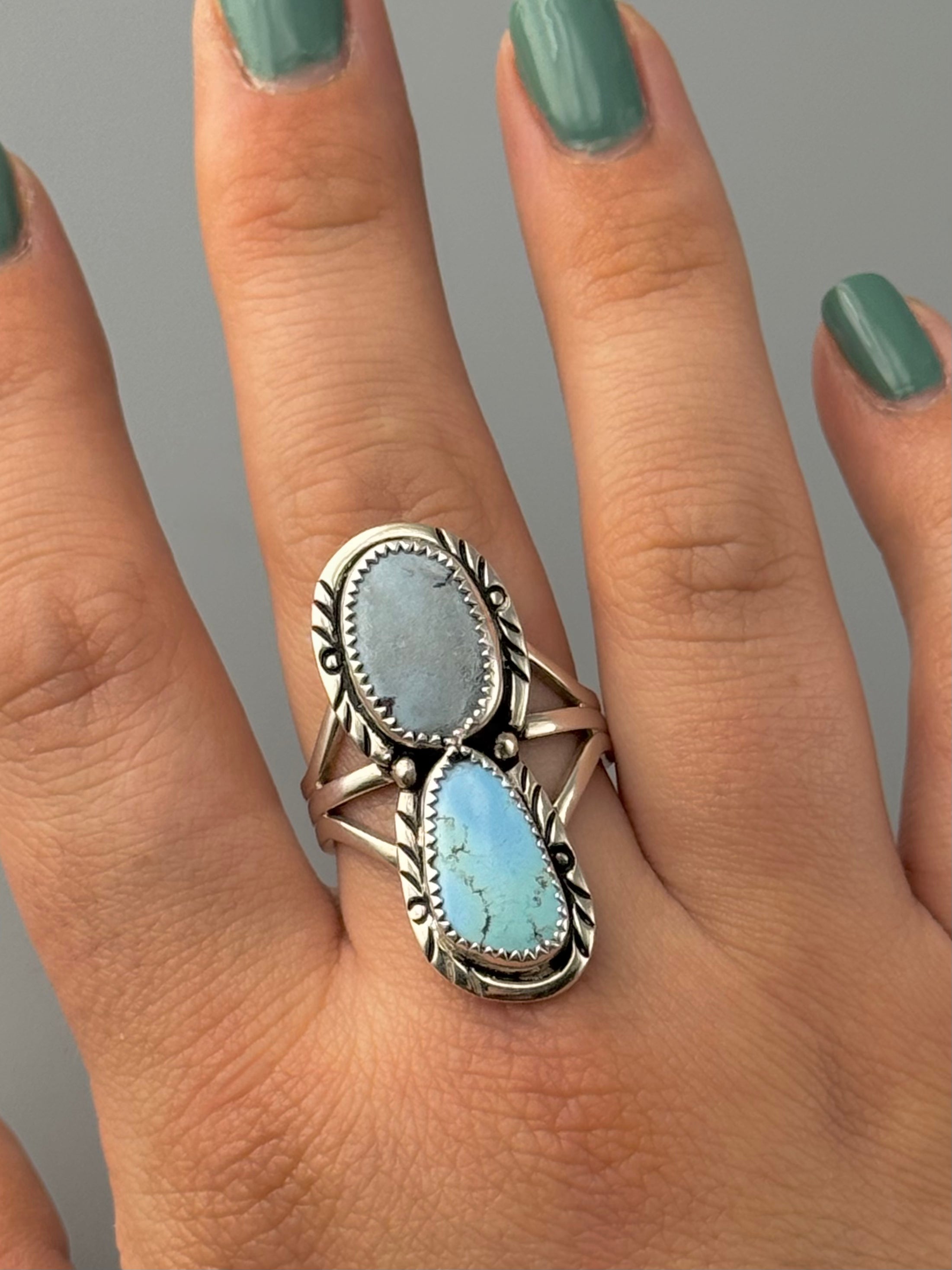 •GOLDEN HILL TURQUOISE - NAAKI• Navajo silver ring (size 10.25)