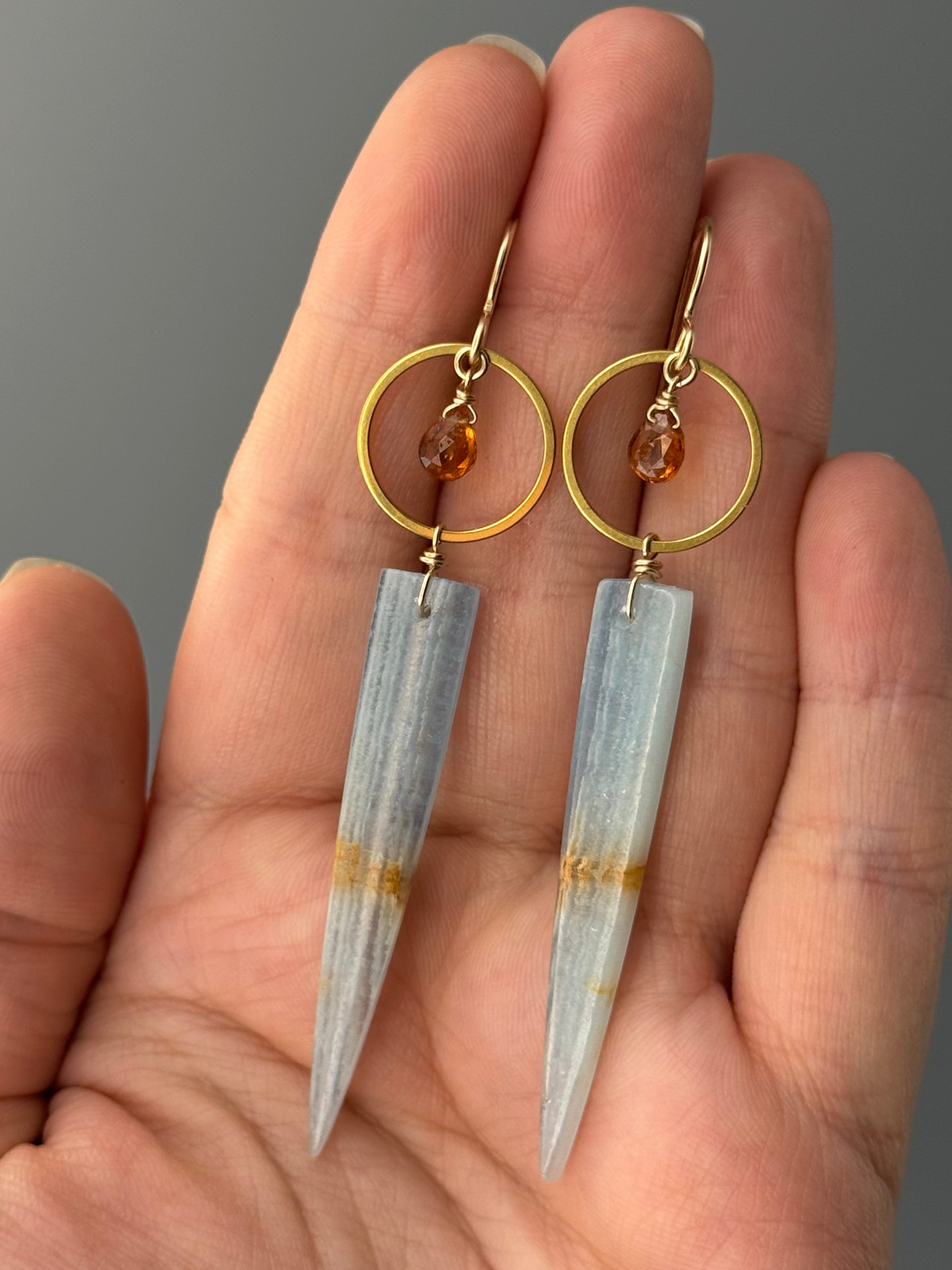 •LUNA• hessonite garnet + blue calcite gold earrings