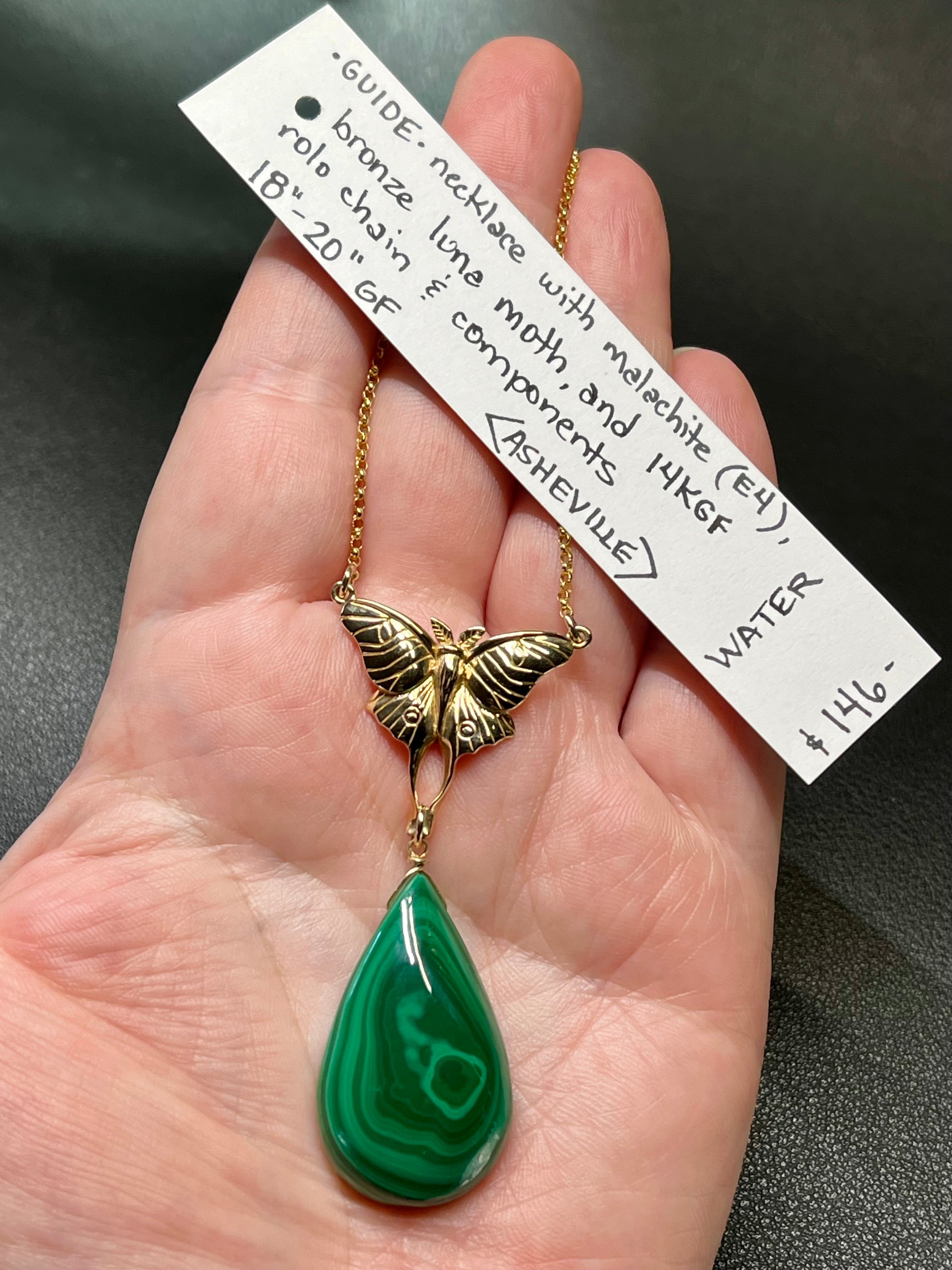 •GUIDE• malachite + moth + gold necklace (18"-20" long)