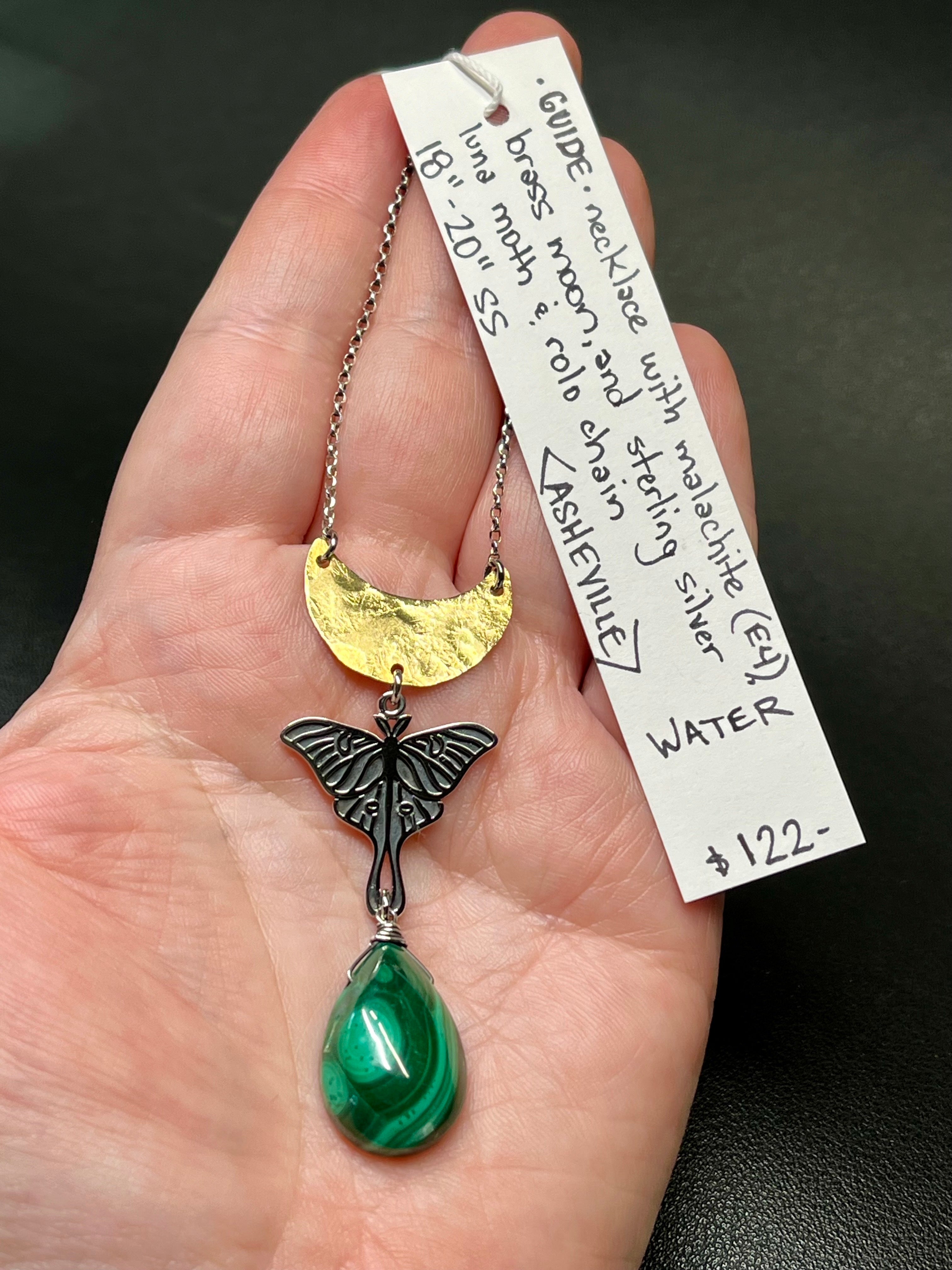 •GUIDE• malachite + moth + mixed metal necklace (18"-20" long)