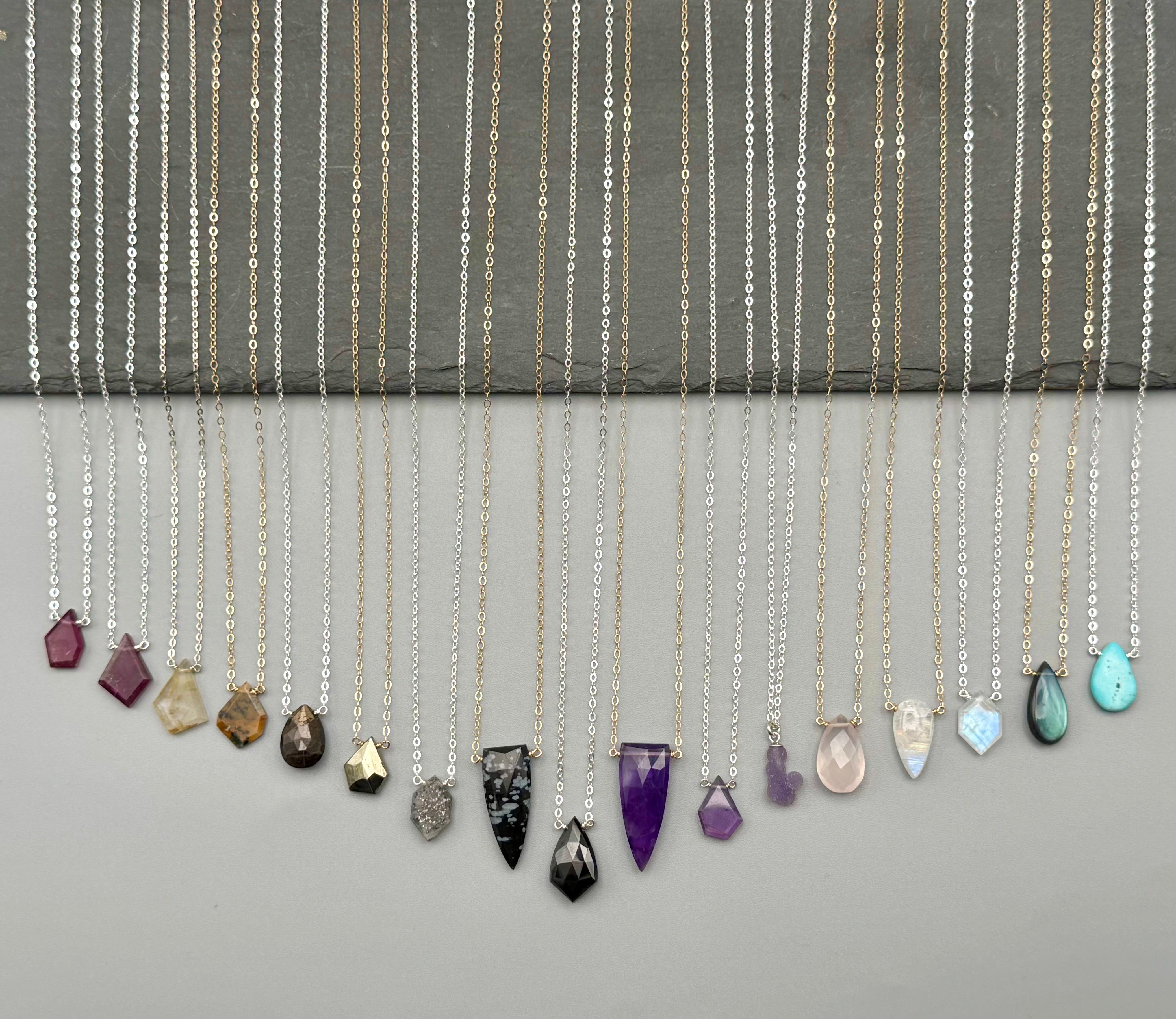 •STRAY• faceted rainbow moonstone lil' hex + gold necklace (various lengths)