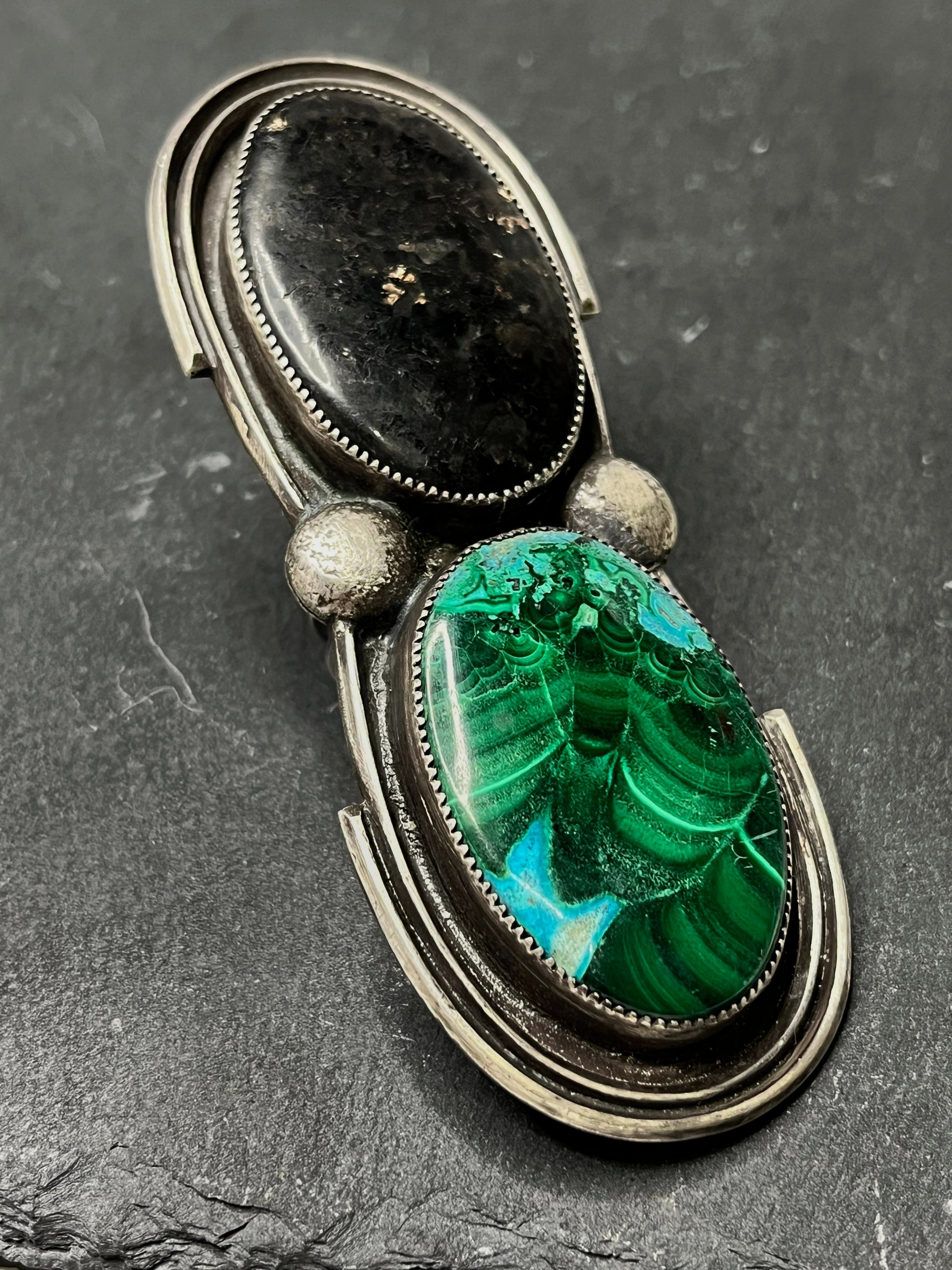 •DYNAMIC DUO• malachite + obsidian + silver ring - SIZE 8