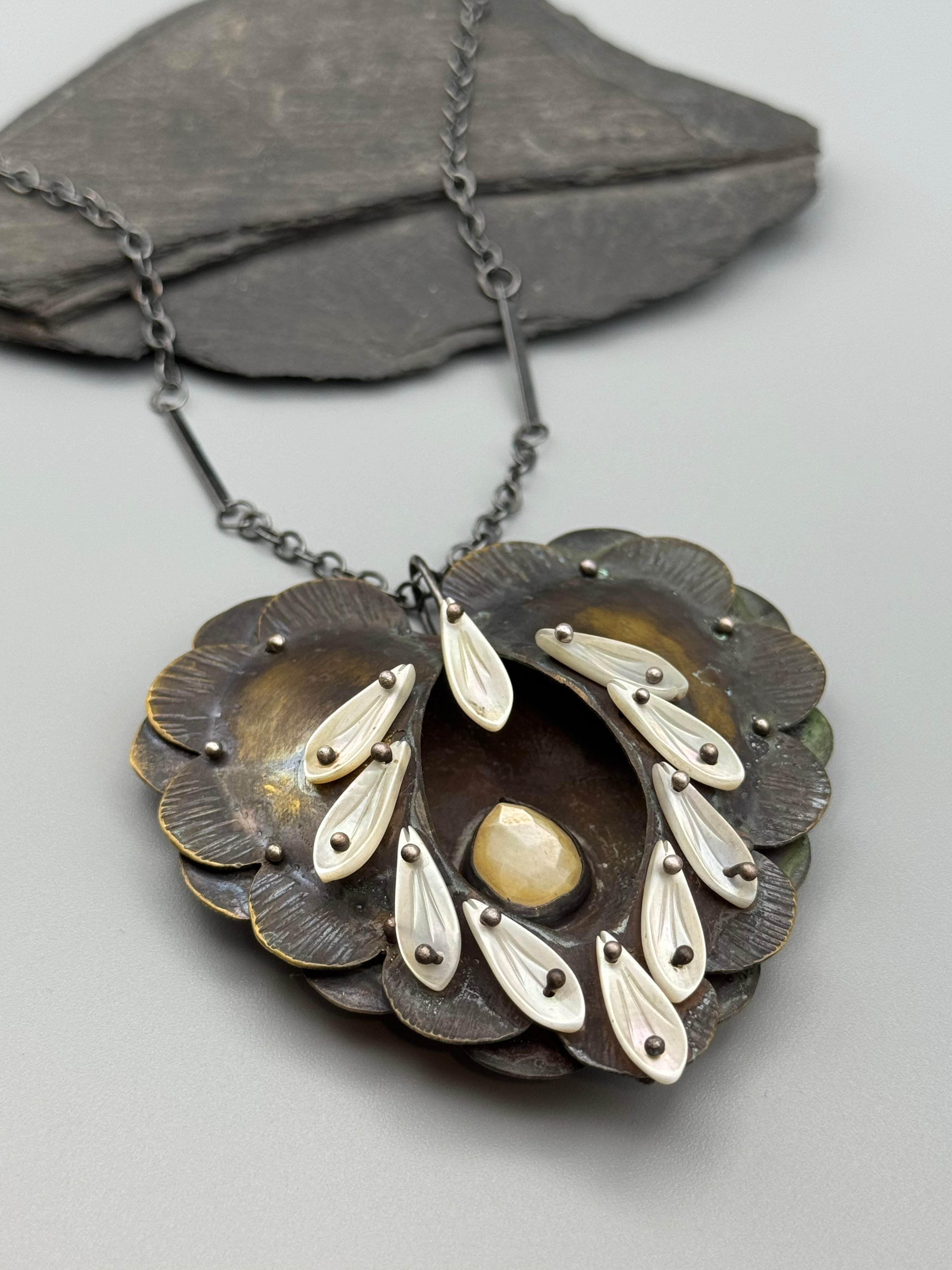 •SACRED HEART• mother of pearl + mixed metal necklace (25.5" long)