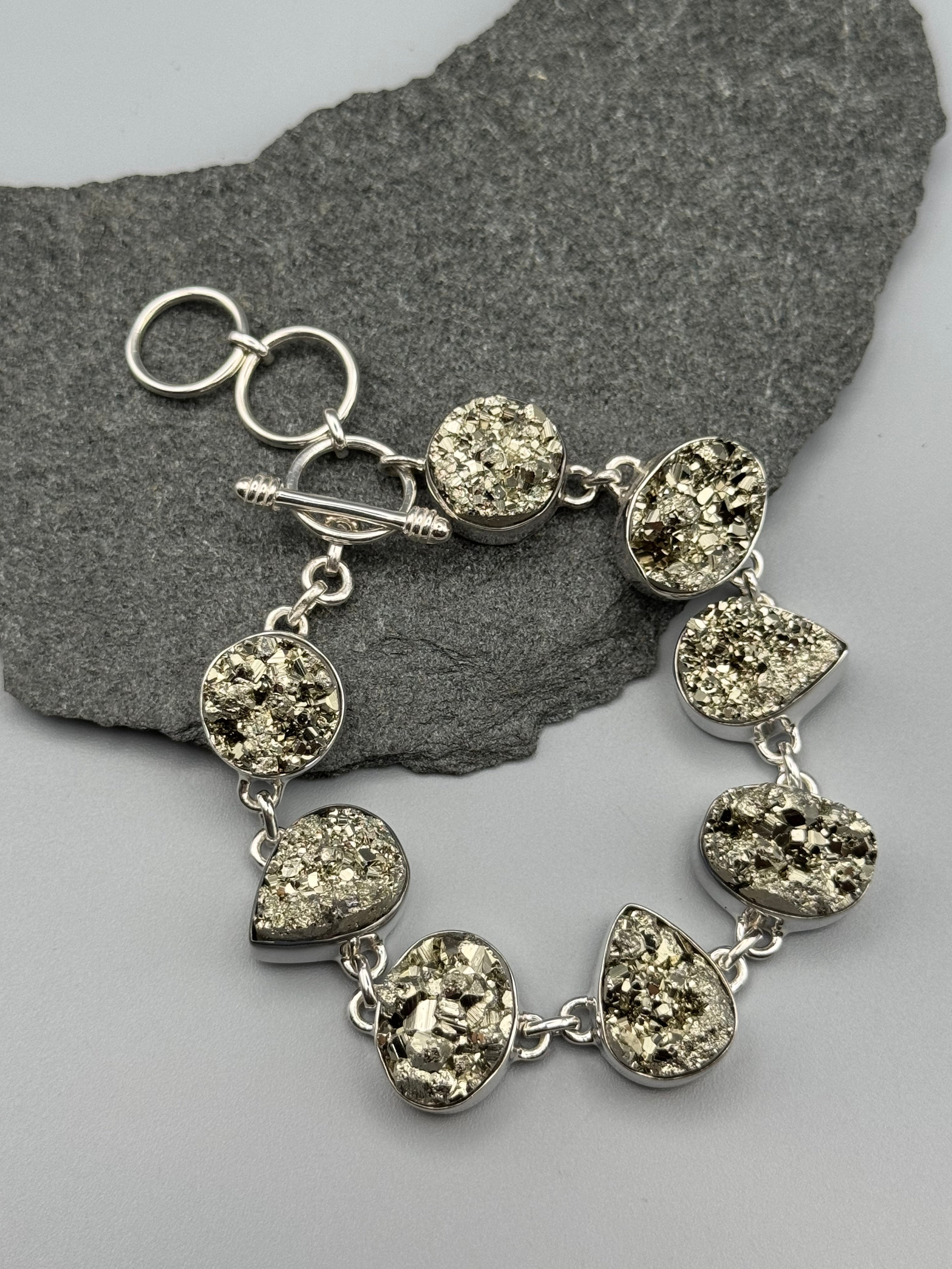 •PYRITE - GEO MIX• linked silver bracelet (7.25" - 8.5")