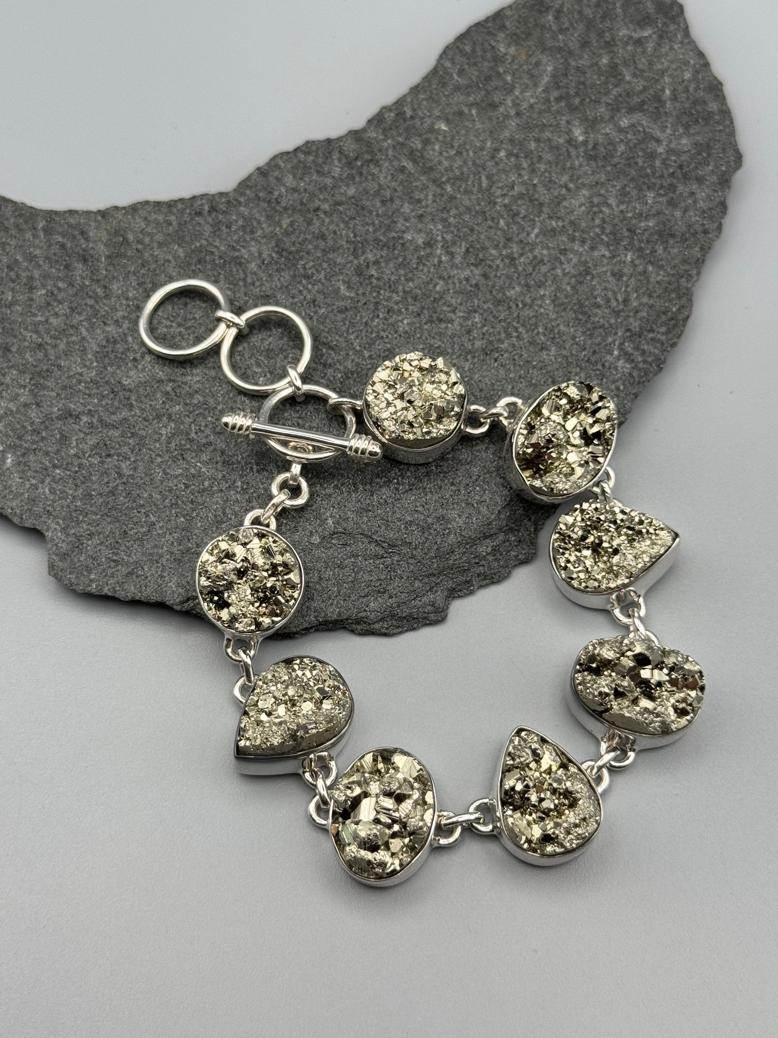 •PYRITE - GEO MIX• linked silver bracelet (7.25" - 8.5")