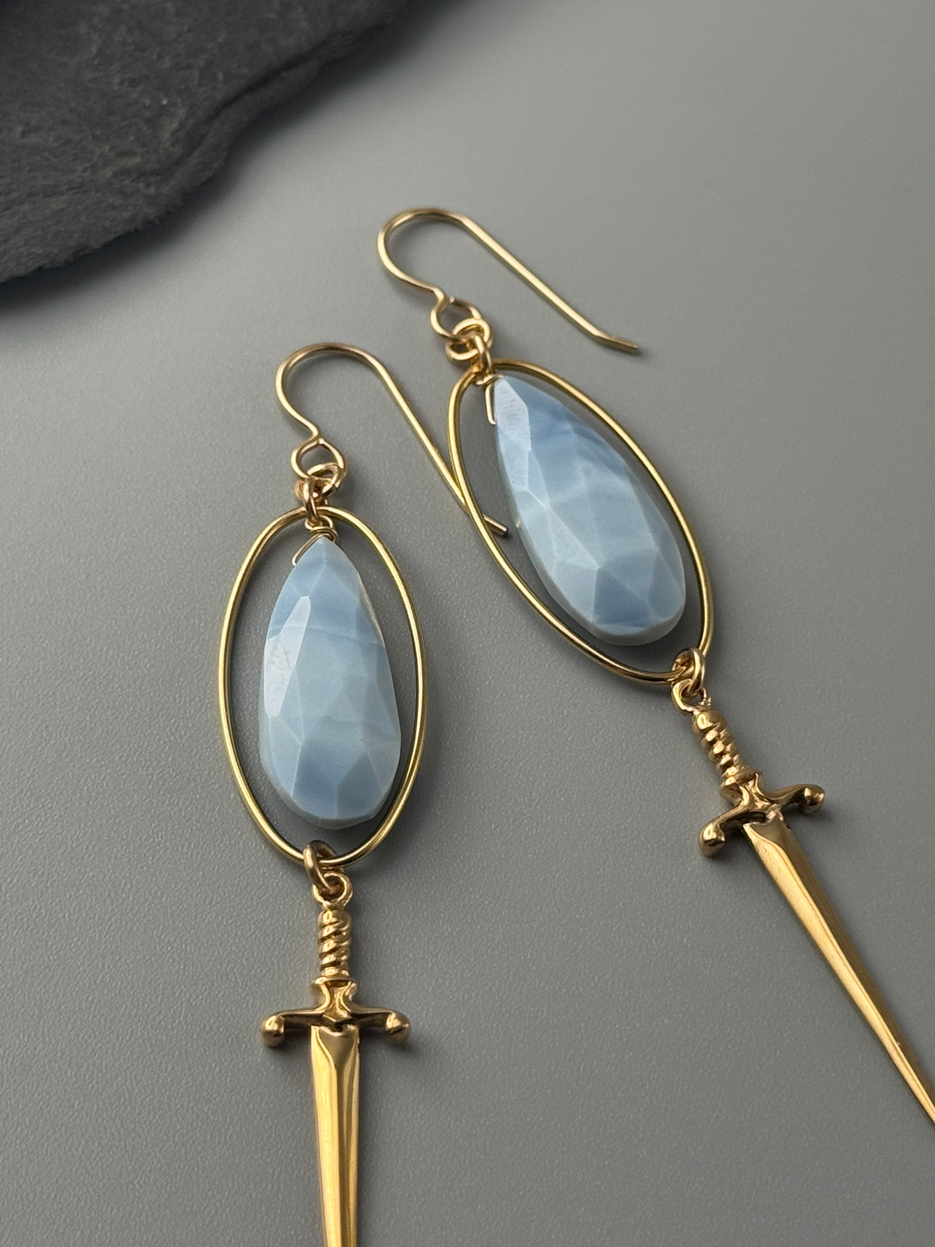 •DAGGER DUEL• blue opal + gold earrings
