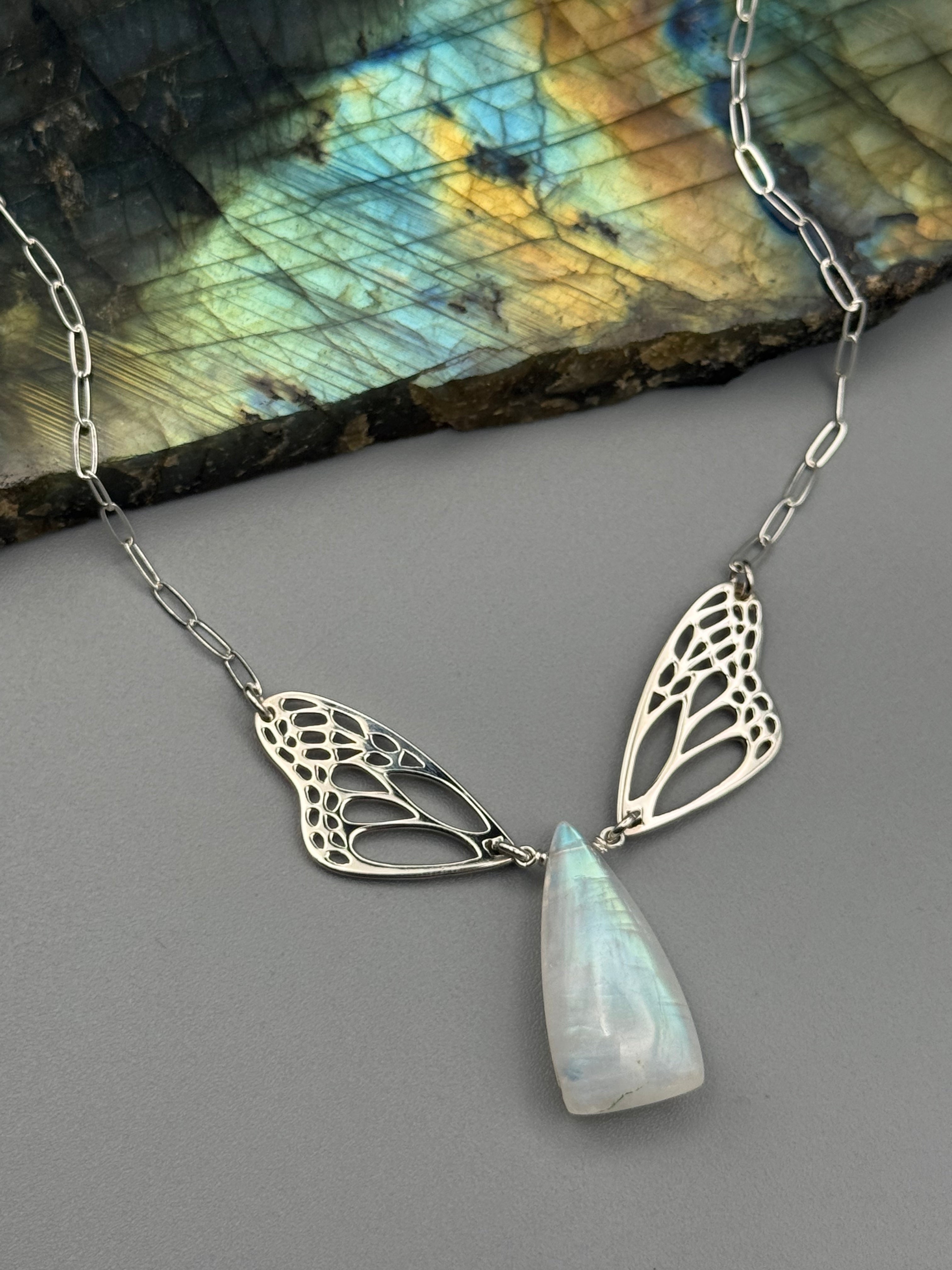 •METAMORPH• rainbow moonstone soft triangle + silver necklace (18"-20" long)
