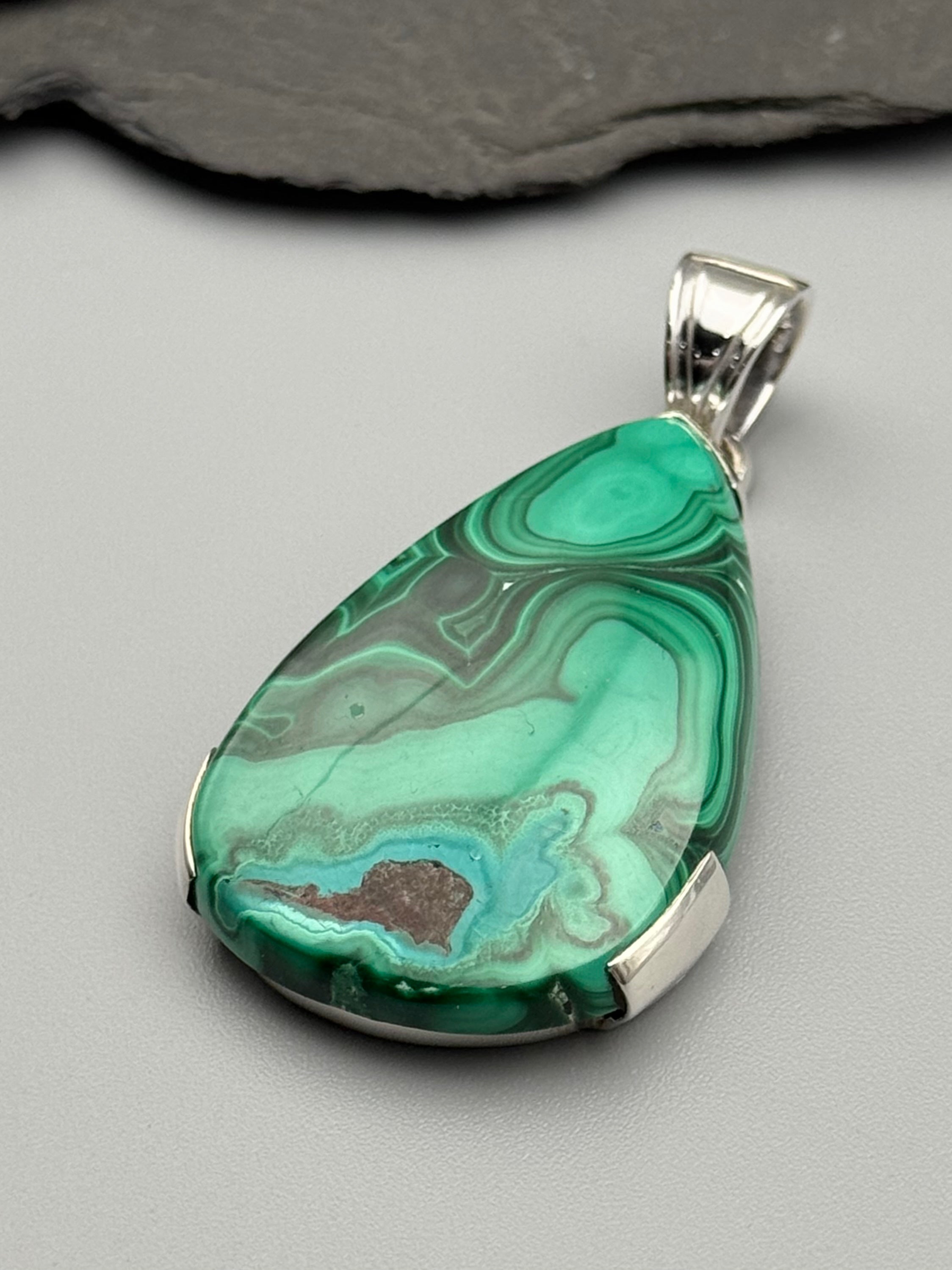 •MALACHITE CHRYSOCOLLA - TEARDROP• bezel capped silver pendant