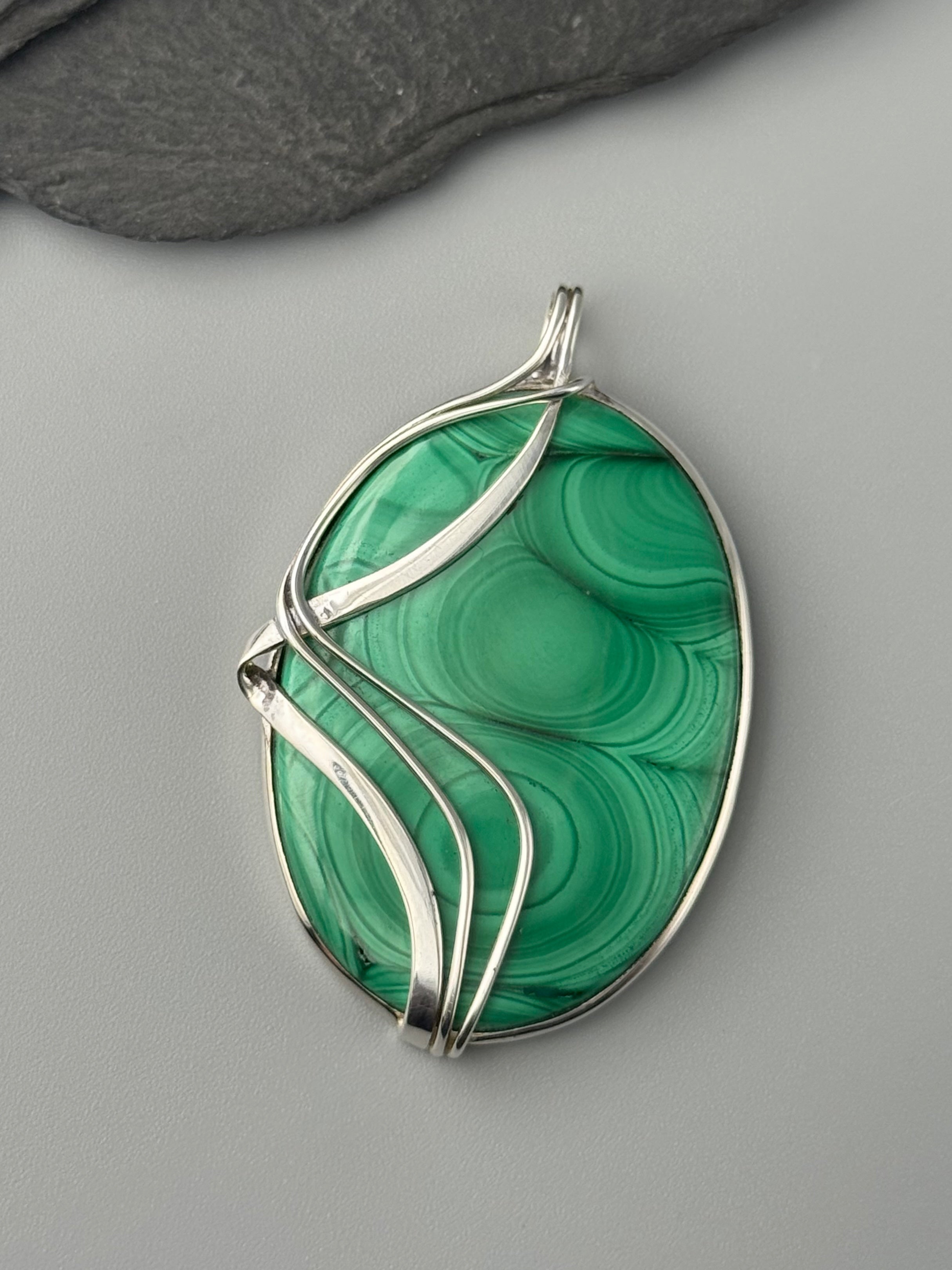 •MALACHITE - WIRE WRAPPED OVAL• sterling silver pendant