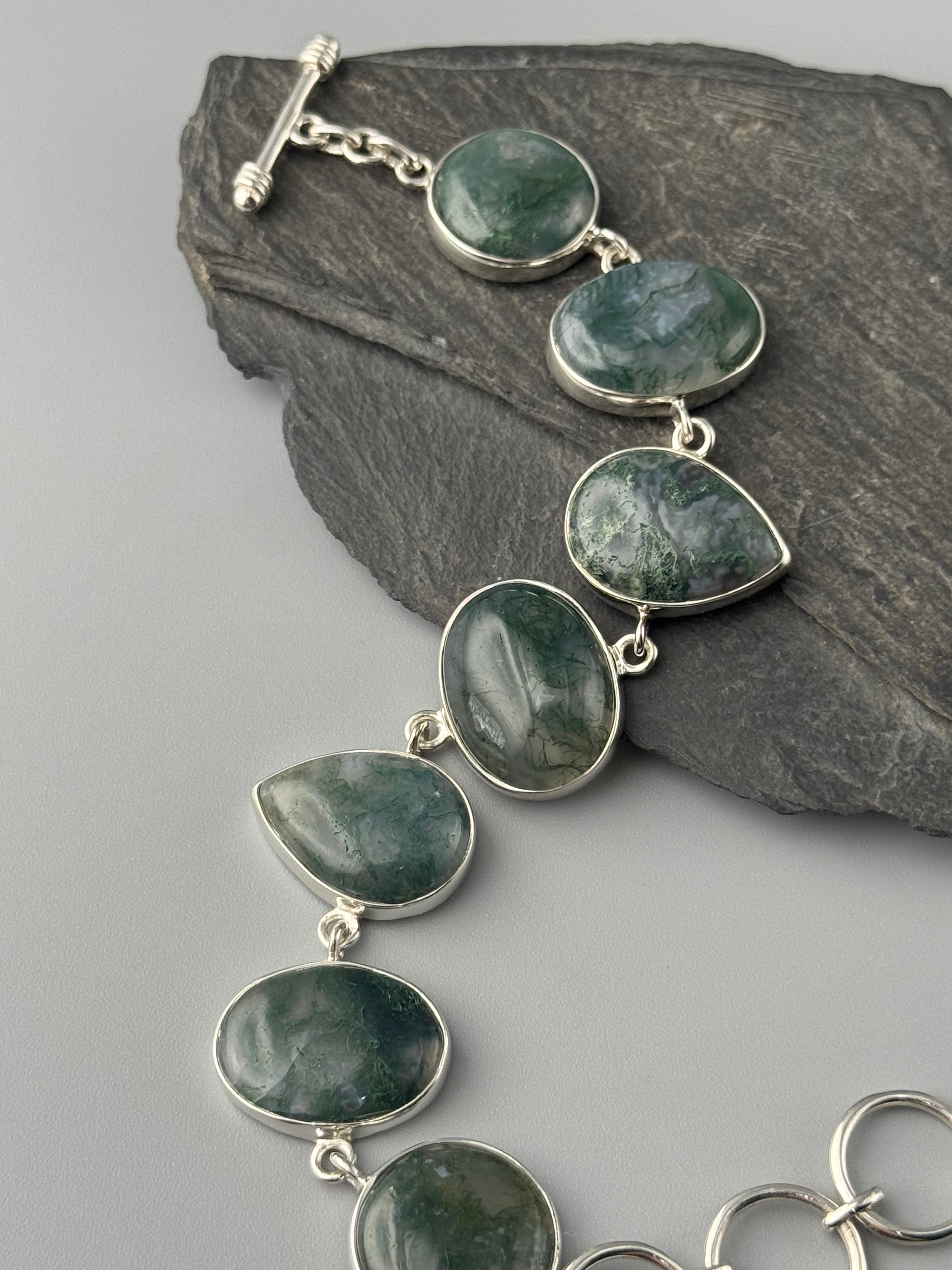 •MOSS AGATE - GEO MIX• linked silver bracelet (6.75" - 8")