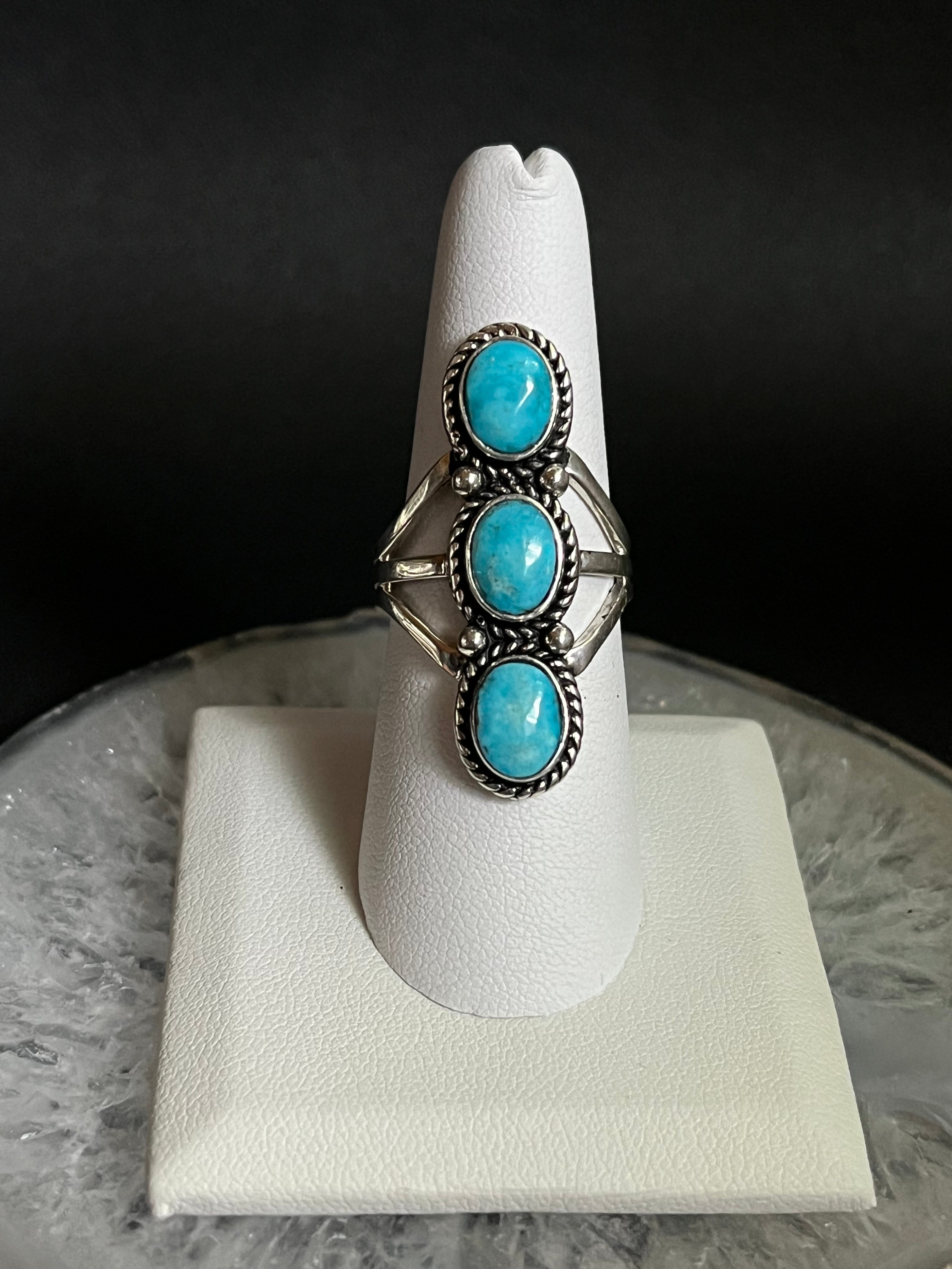 •BLUE RIDGE NEVADA TURQUOISE• Navajo silver triple stone ring (size 8)