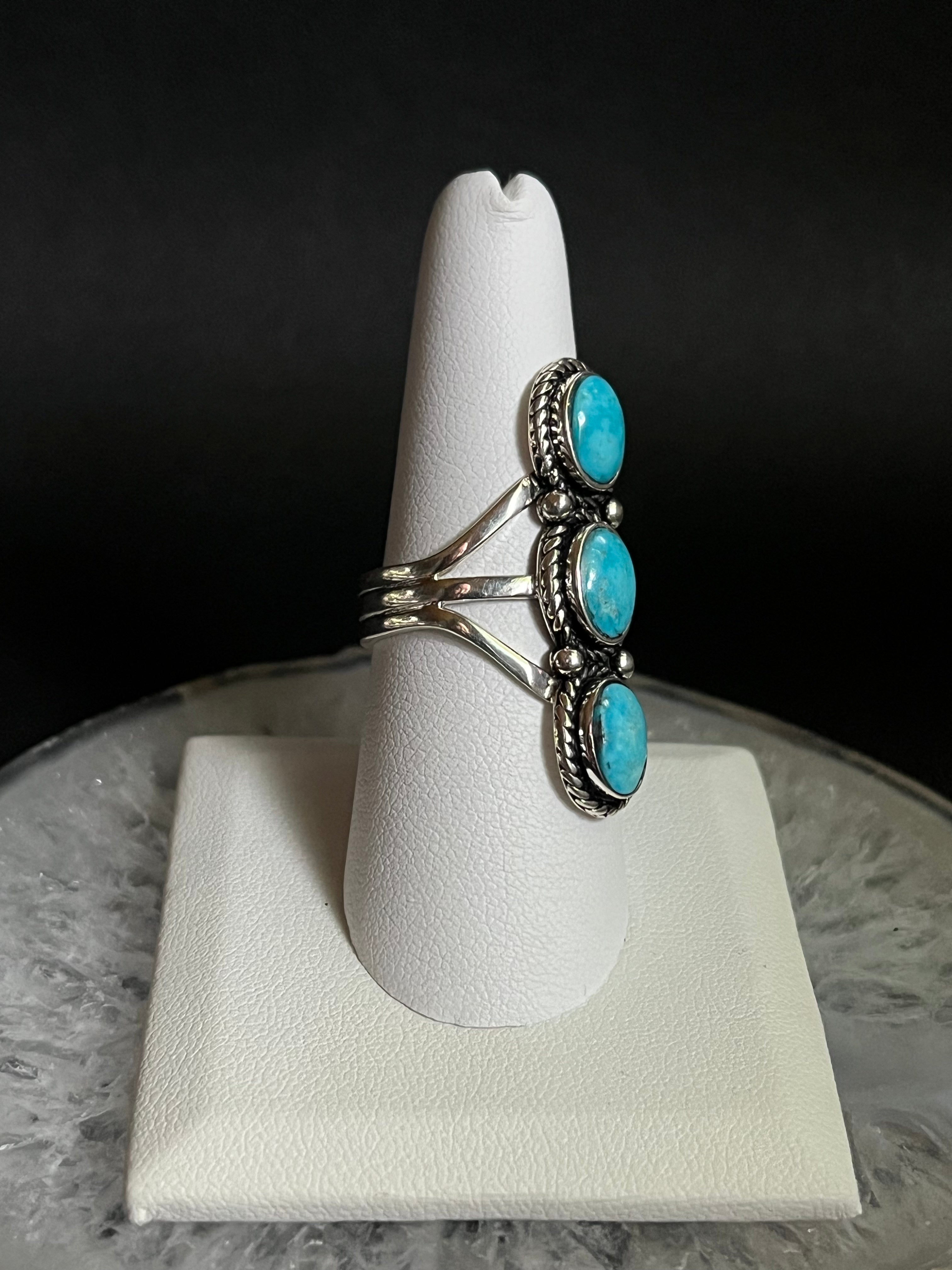 •BLUE RIDGE NEVADA TURQUOISE• Navajo silver triple stone ring (size 8)