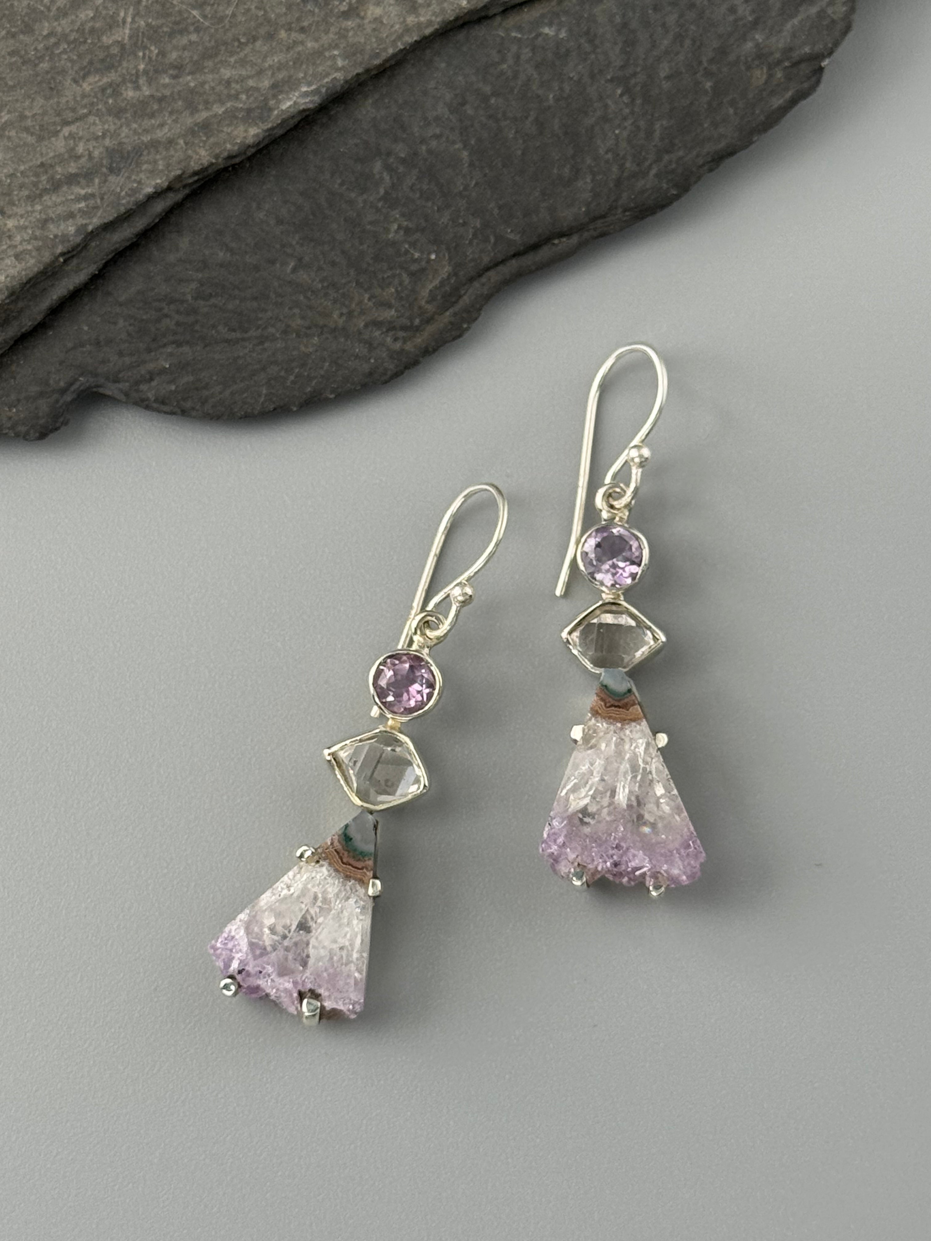 •AMETHYST + HERKIMER TRIO• silver dangle earrings