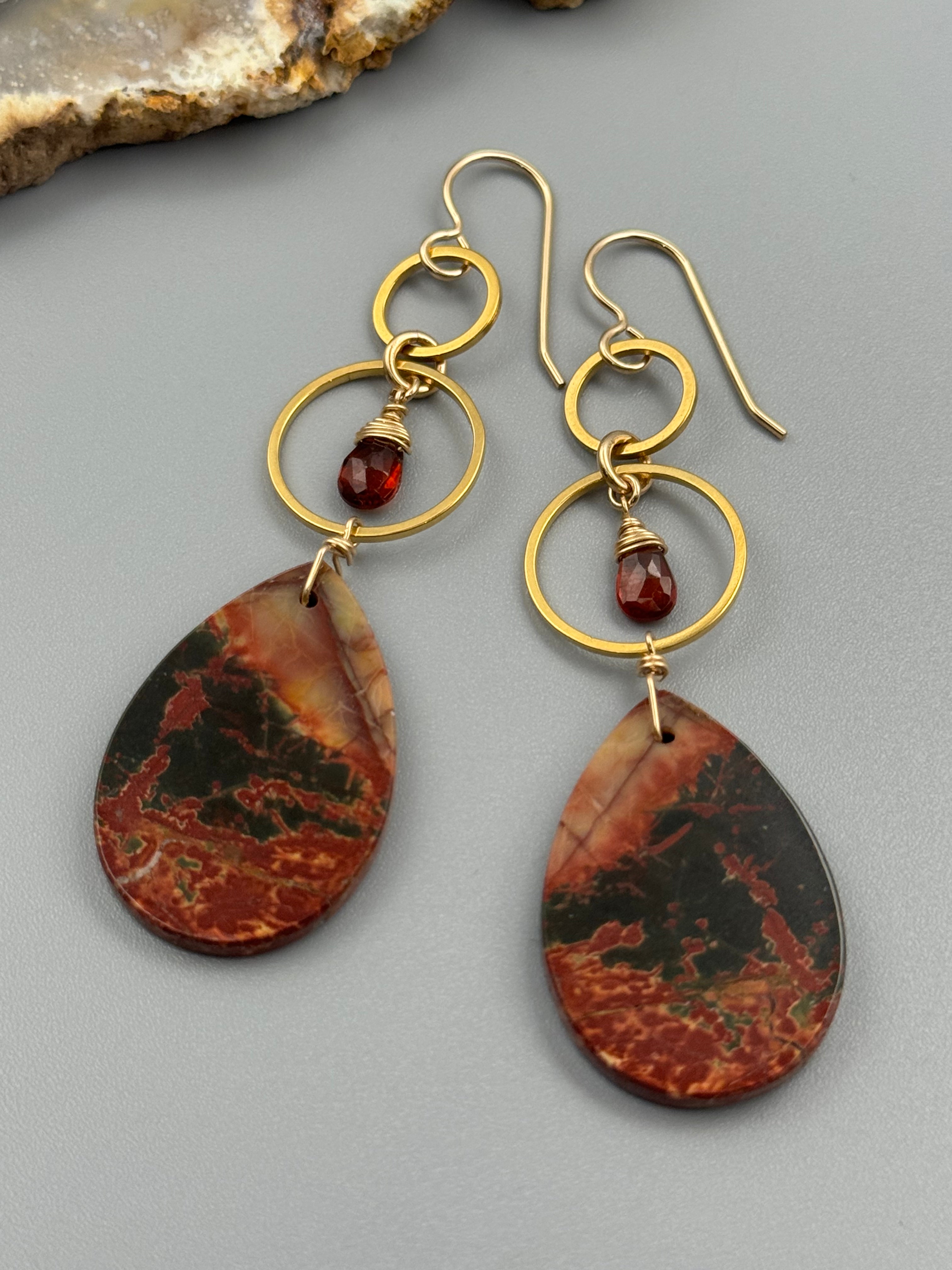 •EQUA-LUNA• hessonite garnet + red creek jasper gold earrings
