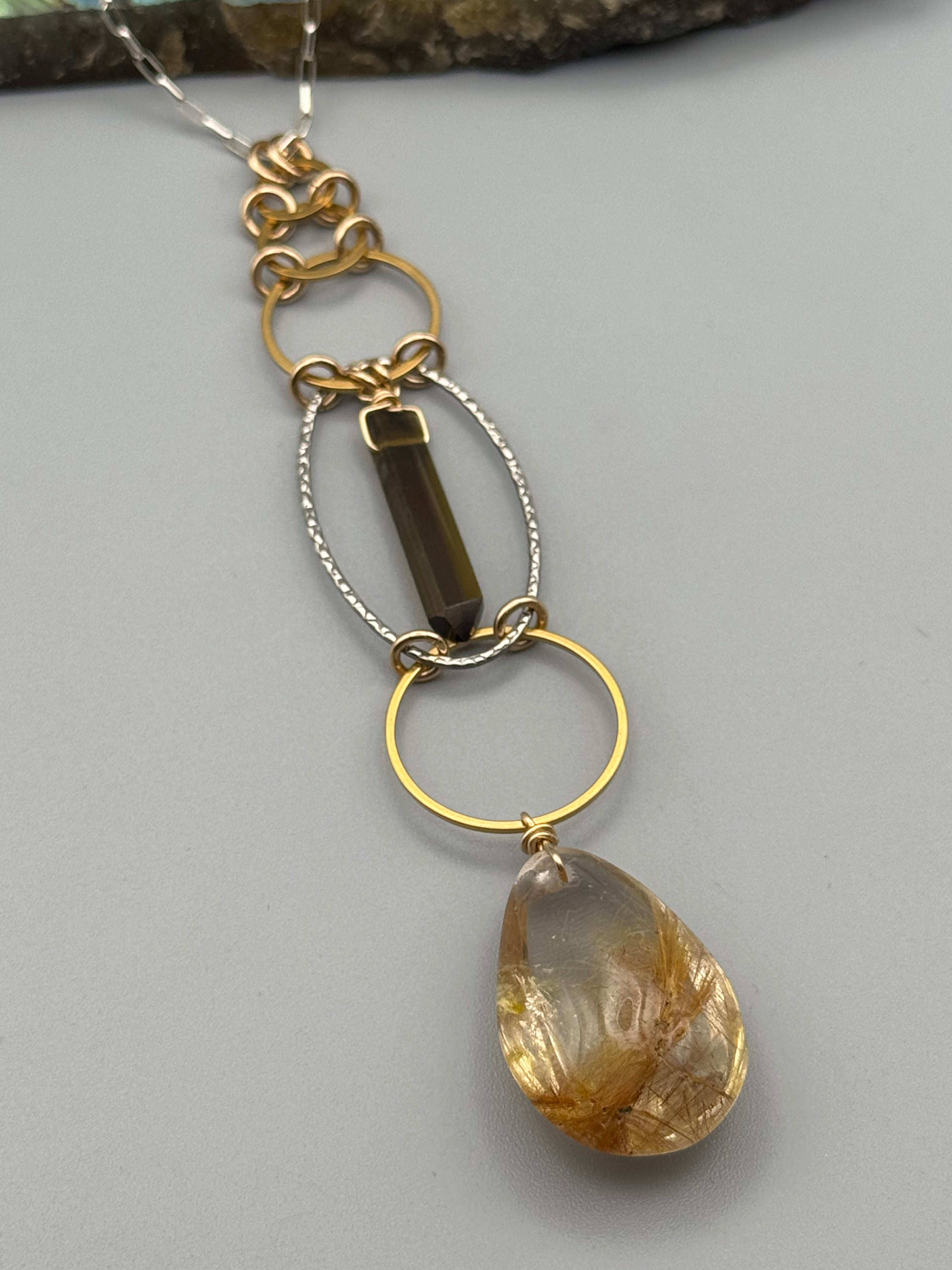 •EOWYN• tourmaline + rutilated quartz mixed metal necklace (26"-28" long)