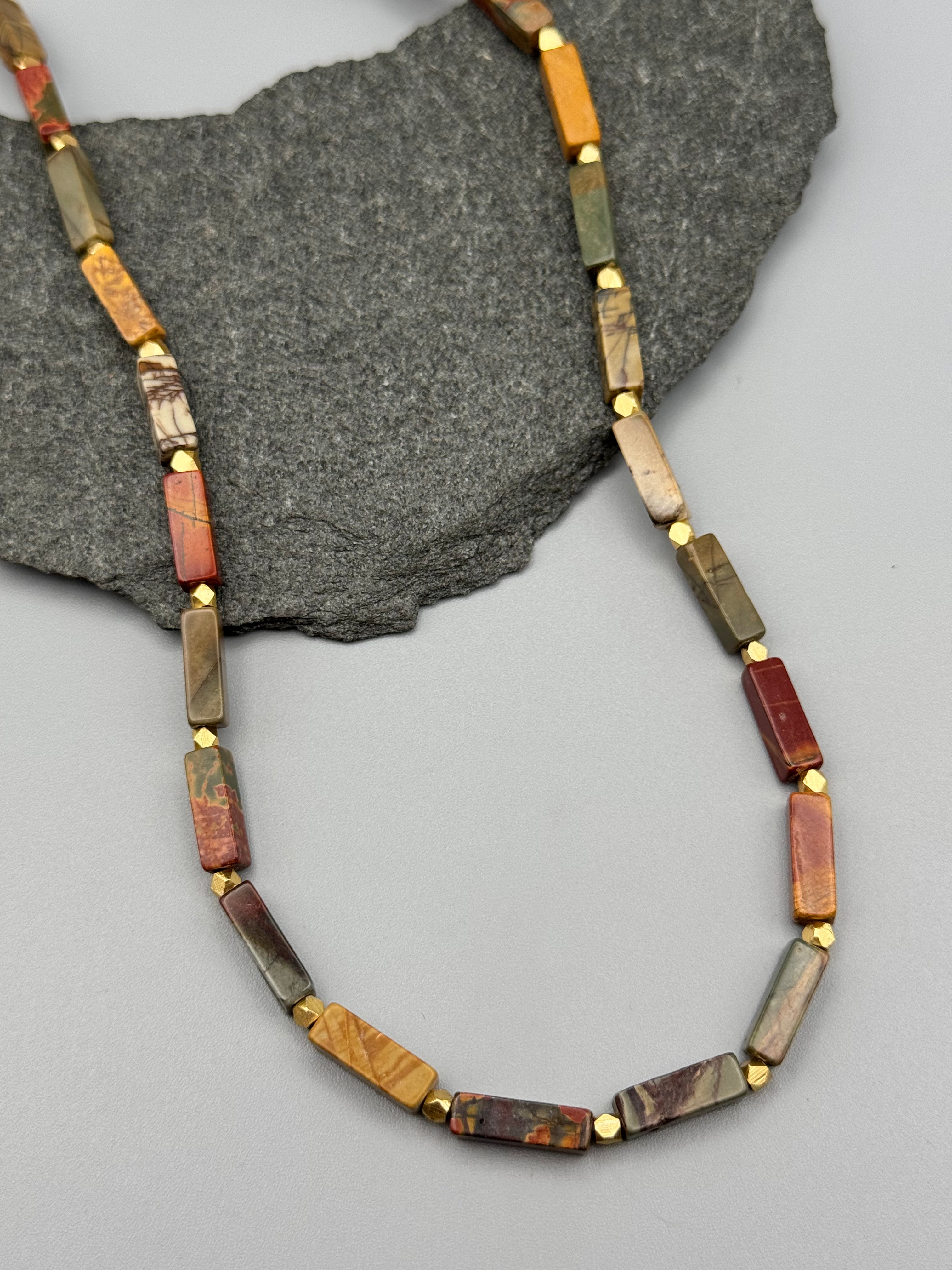 •LIL' CUBOIDS• red creek jasper + gold beaded necklace (16"-17.5" long)