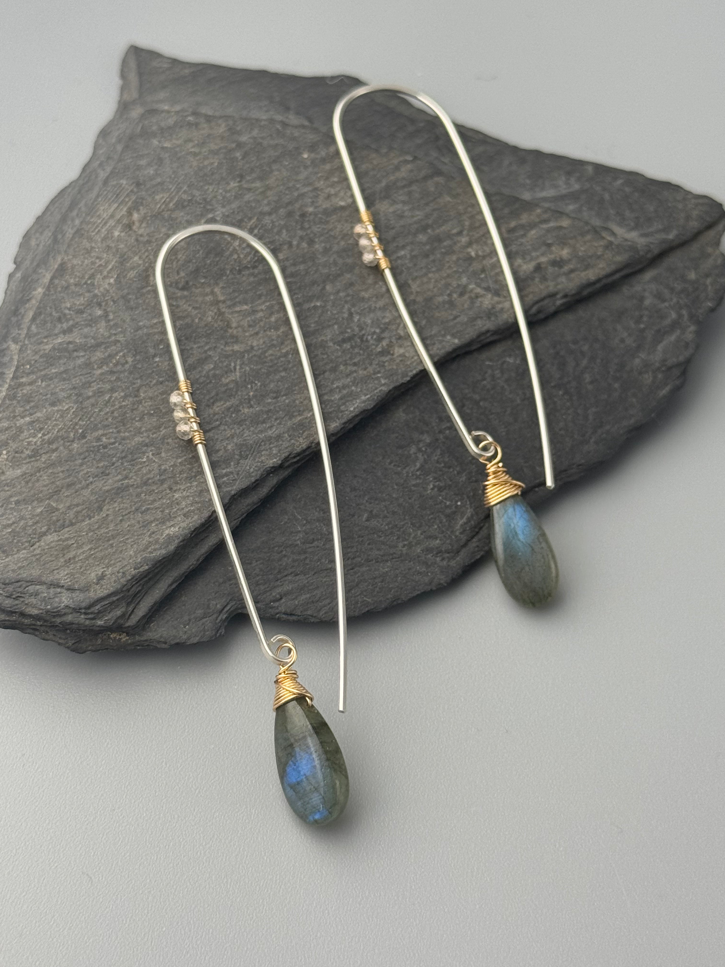 •SLENDER STORM THREADER• labradorite + mixed metal dangle earrings