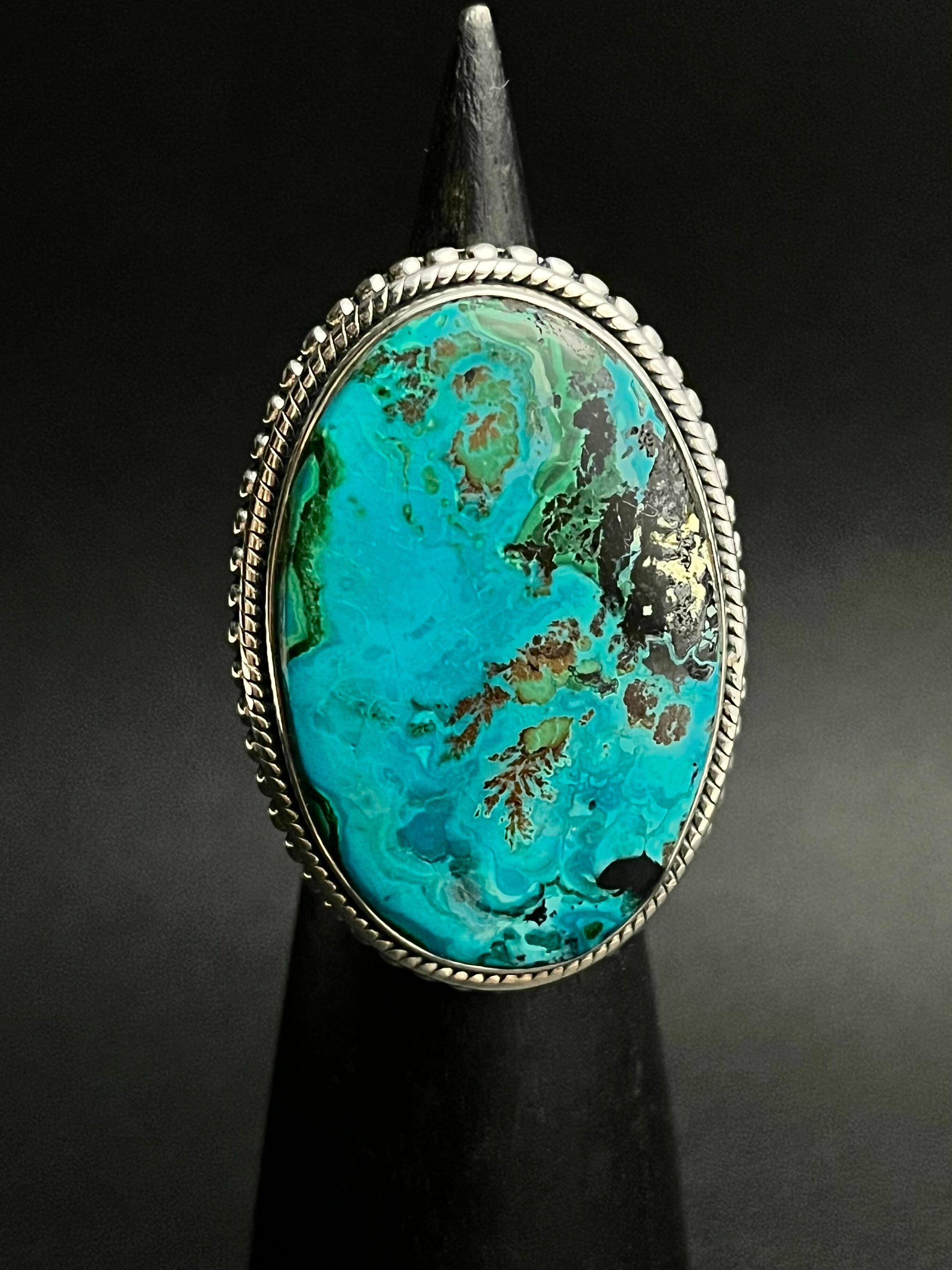 •DOTTED BEZEL• azurite malachite + silver ring - size 7