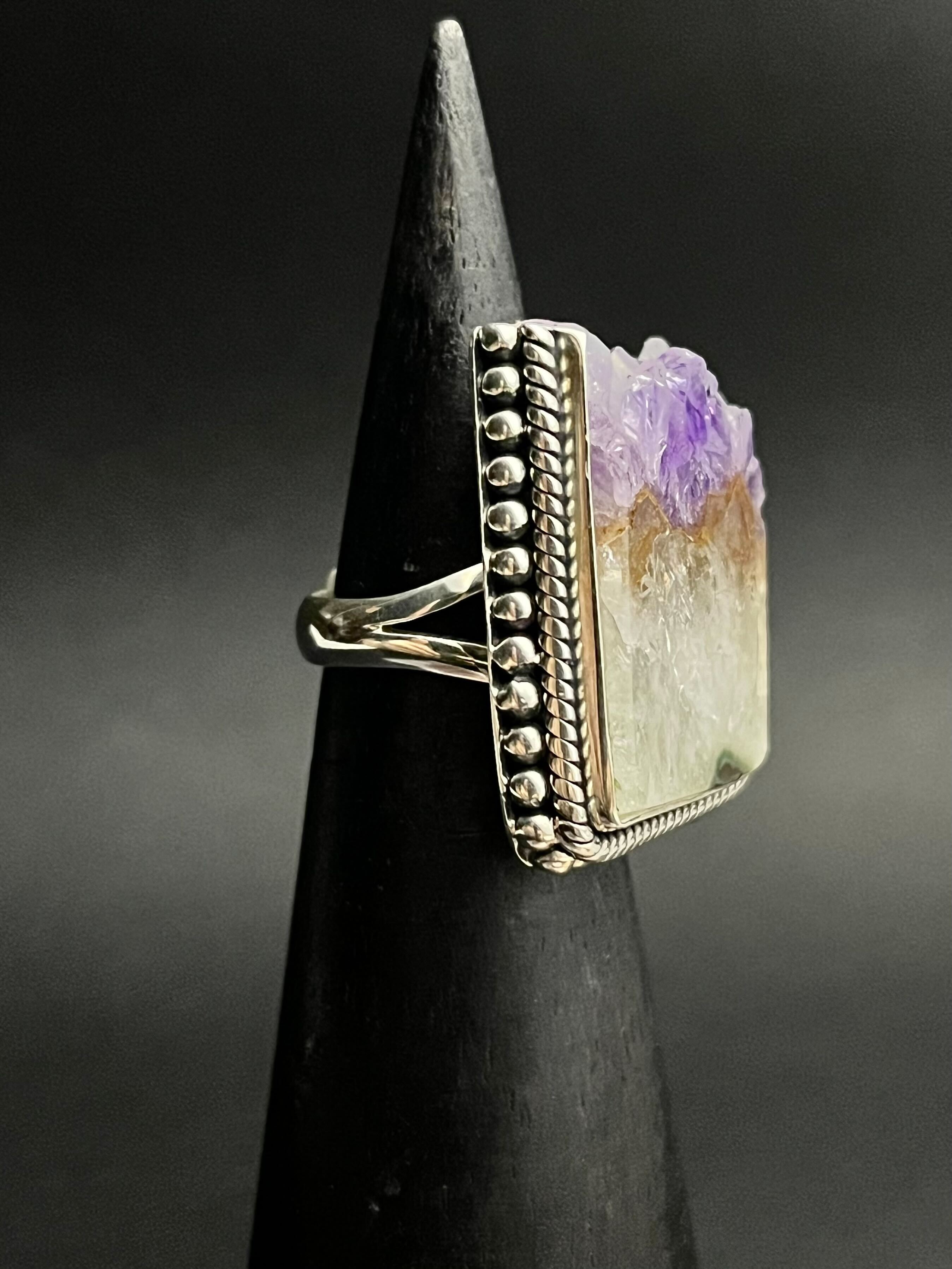 •RAW EDGE• amethyst stalactite + silver ring - size 6