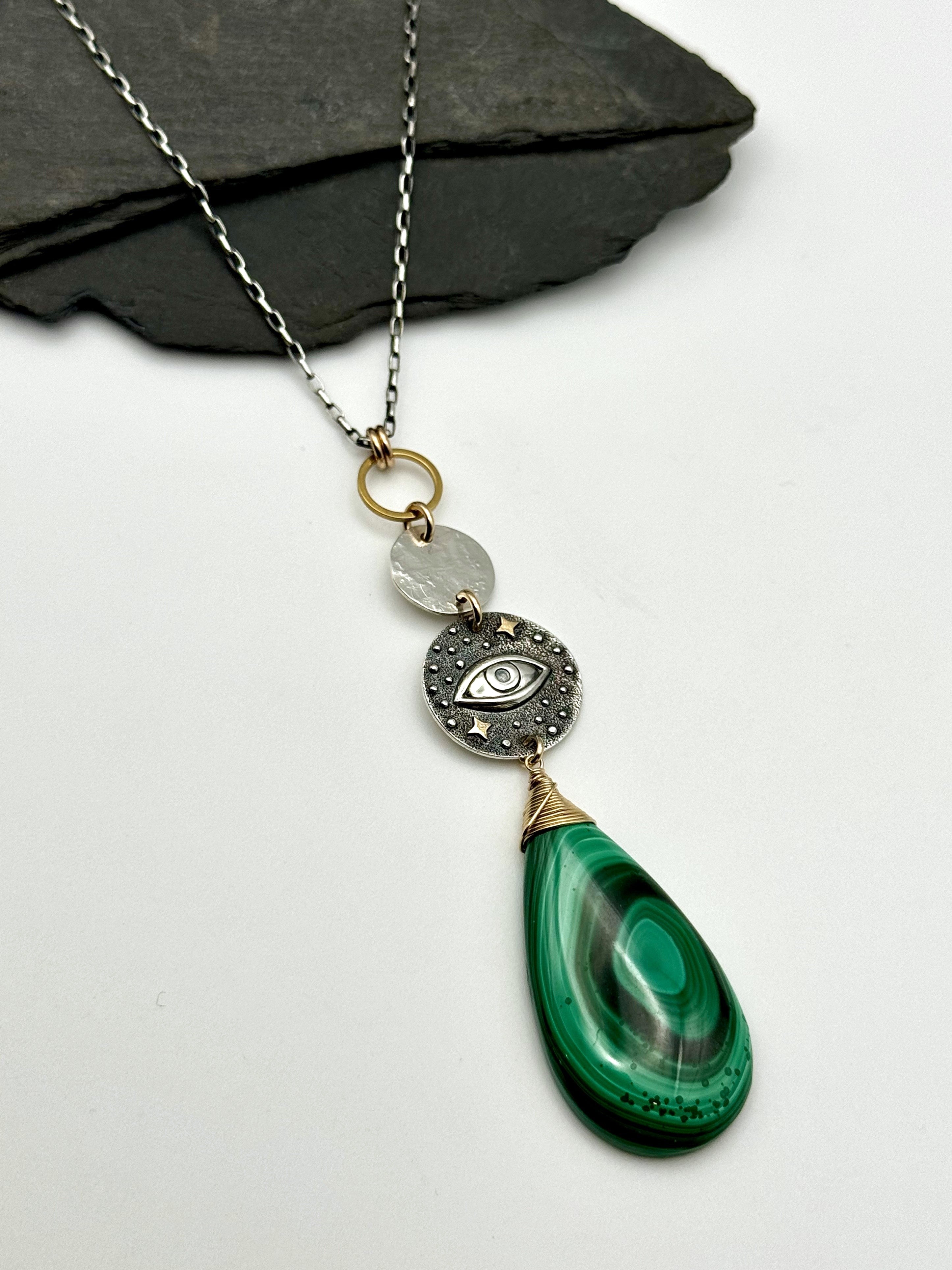 •WISDOM SEEKER• malachite + eye + mixed metal necklace (26"-28" long)
