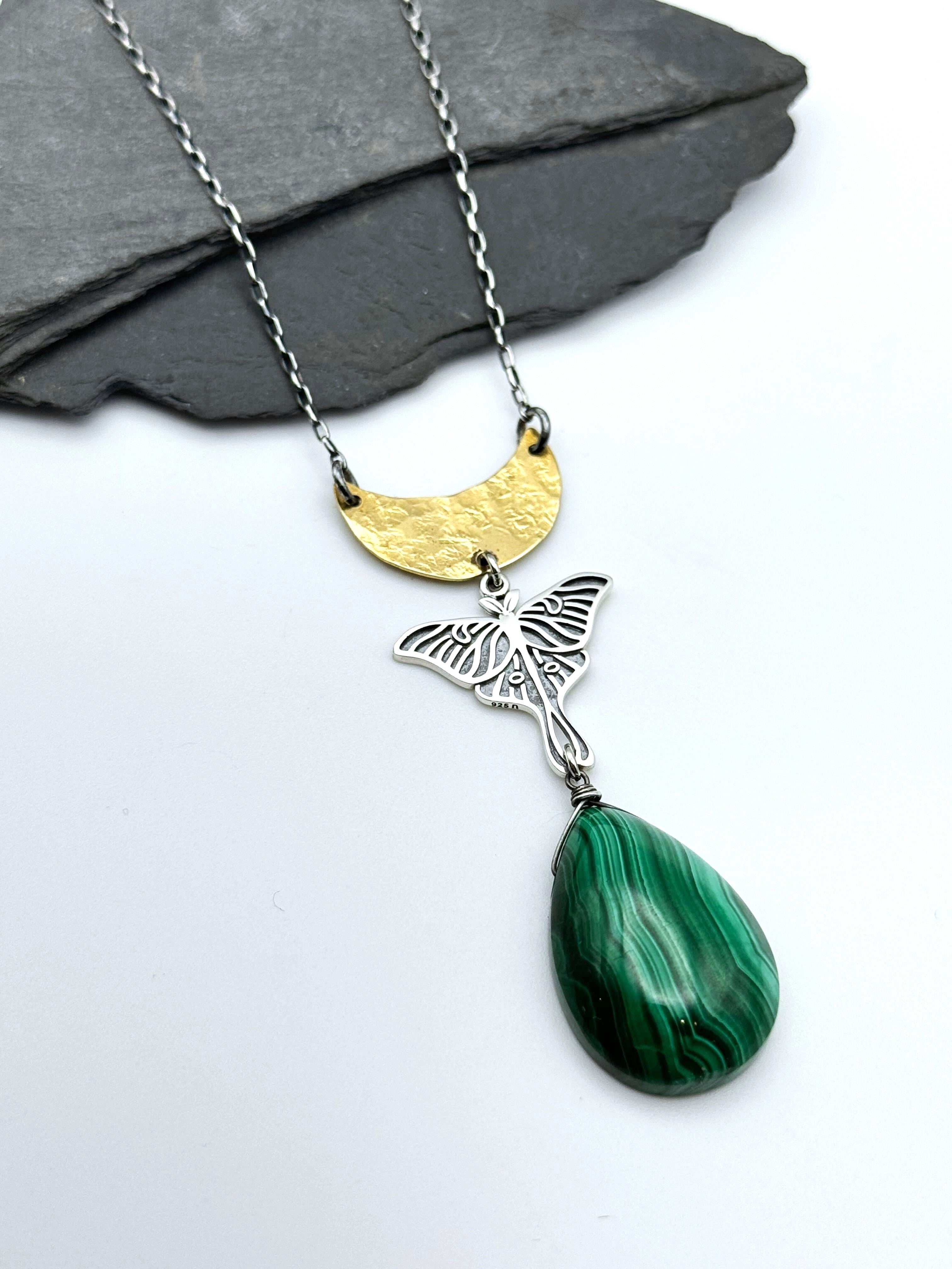 •GUIDE• malachite + moth + mixed metal necklace (28"-30" long)