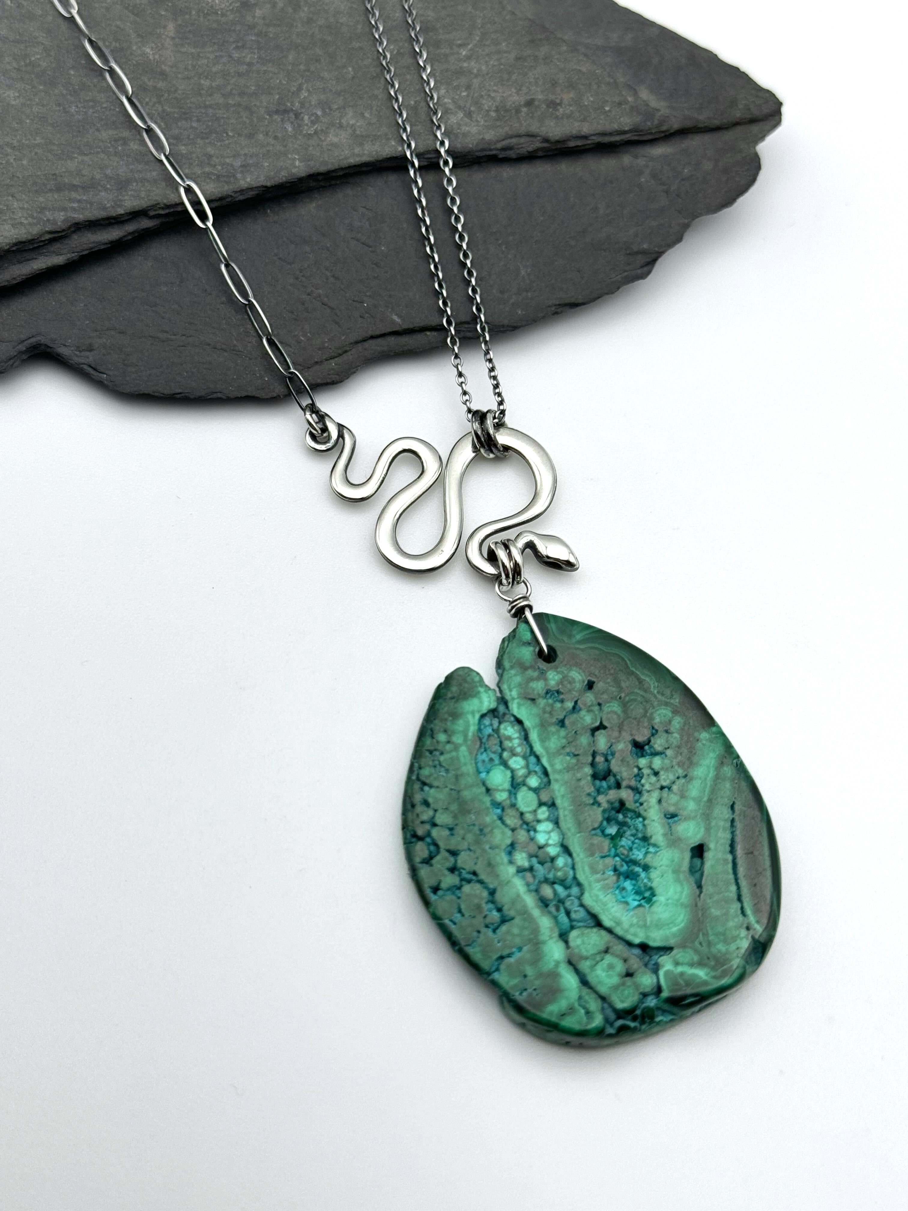 •SUEÑO• malachite + snake + silver necklace (18"-20" long)