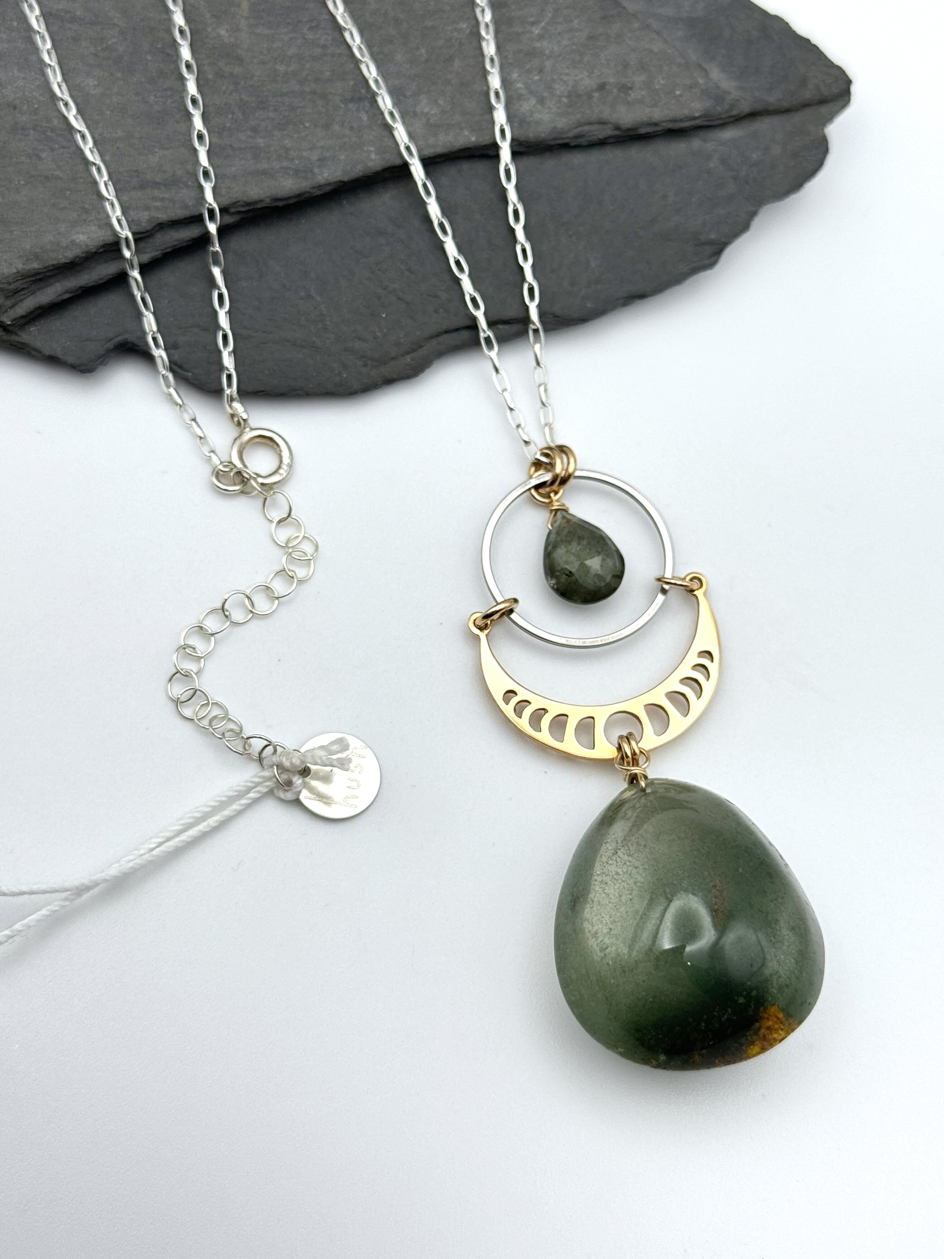 •NYX• lodolite + moss aquamarine + mixed metal necklace (28"-30" long)