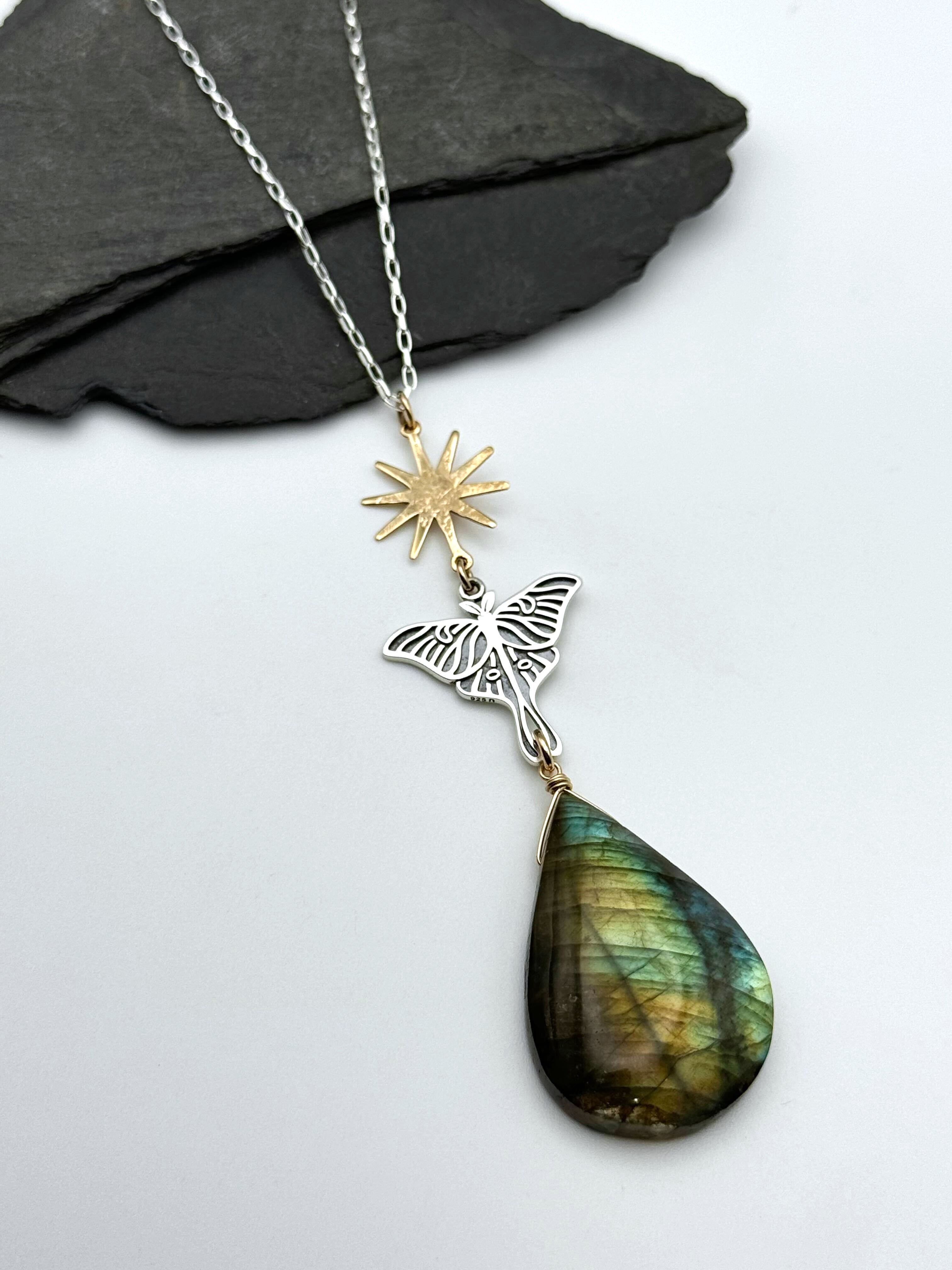 •GUIDE• labradorite + moth + mixed metal necklace (26"-28" long)