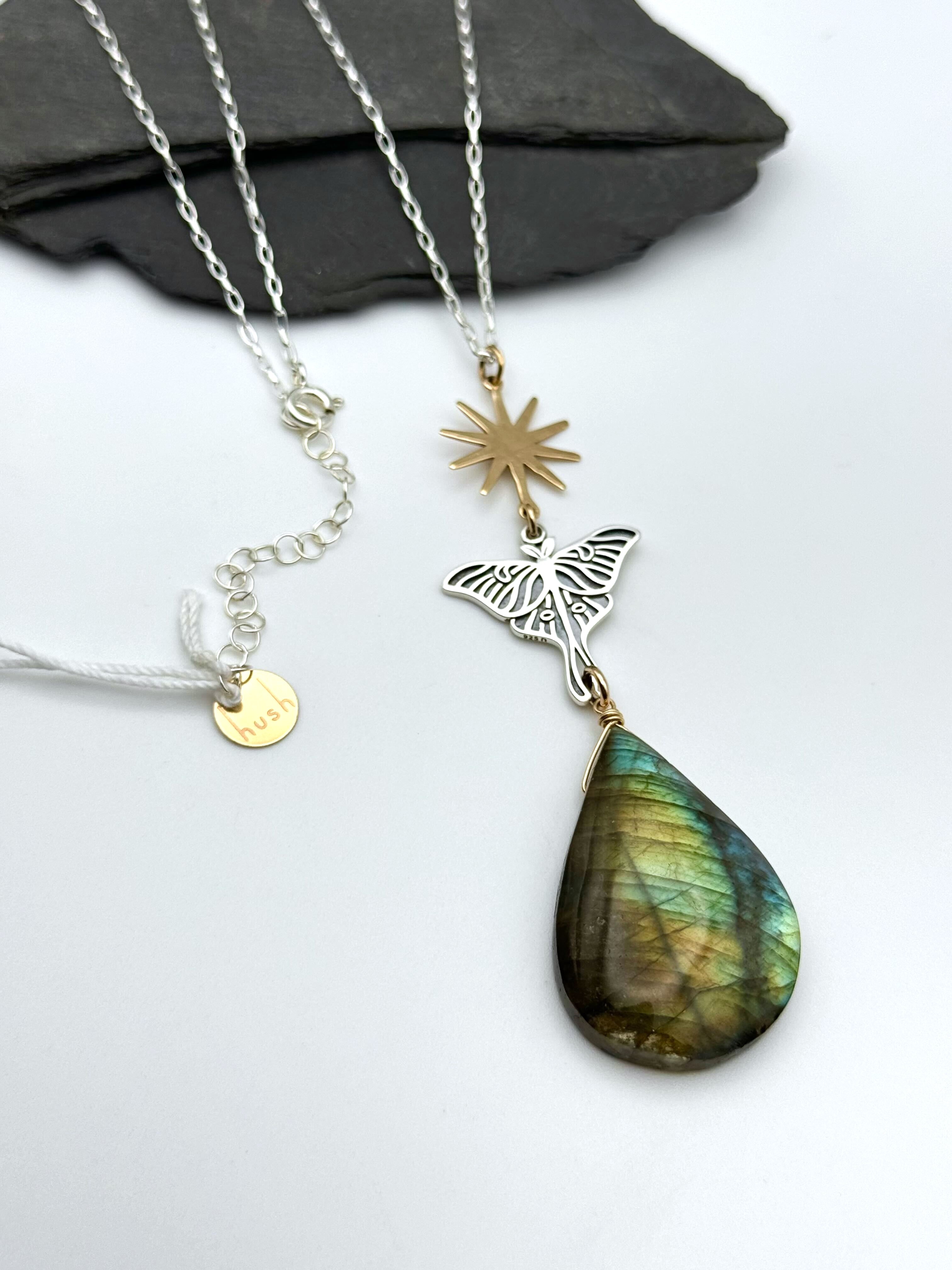 •GUIDE• labradorite + moth + mixed metal necklace (26"-28" long)