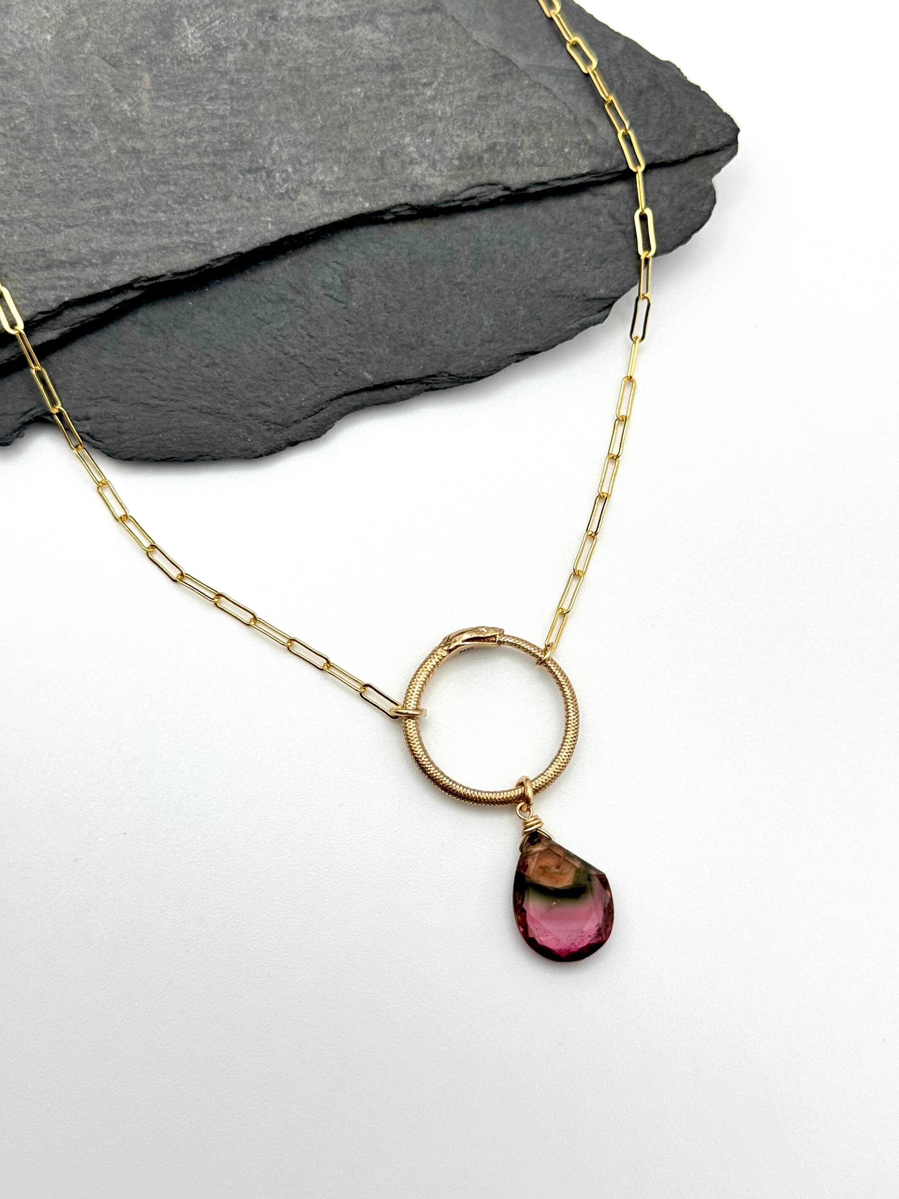 •SUEÑO• watermelon tourmaline + ouroboros + gold necklace (18"-20" long)