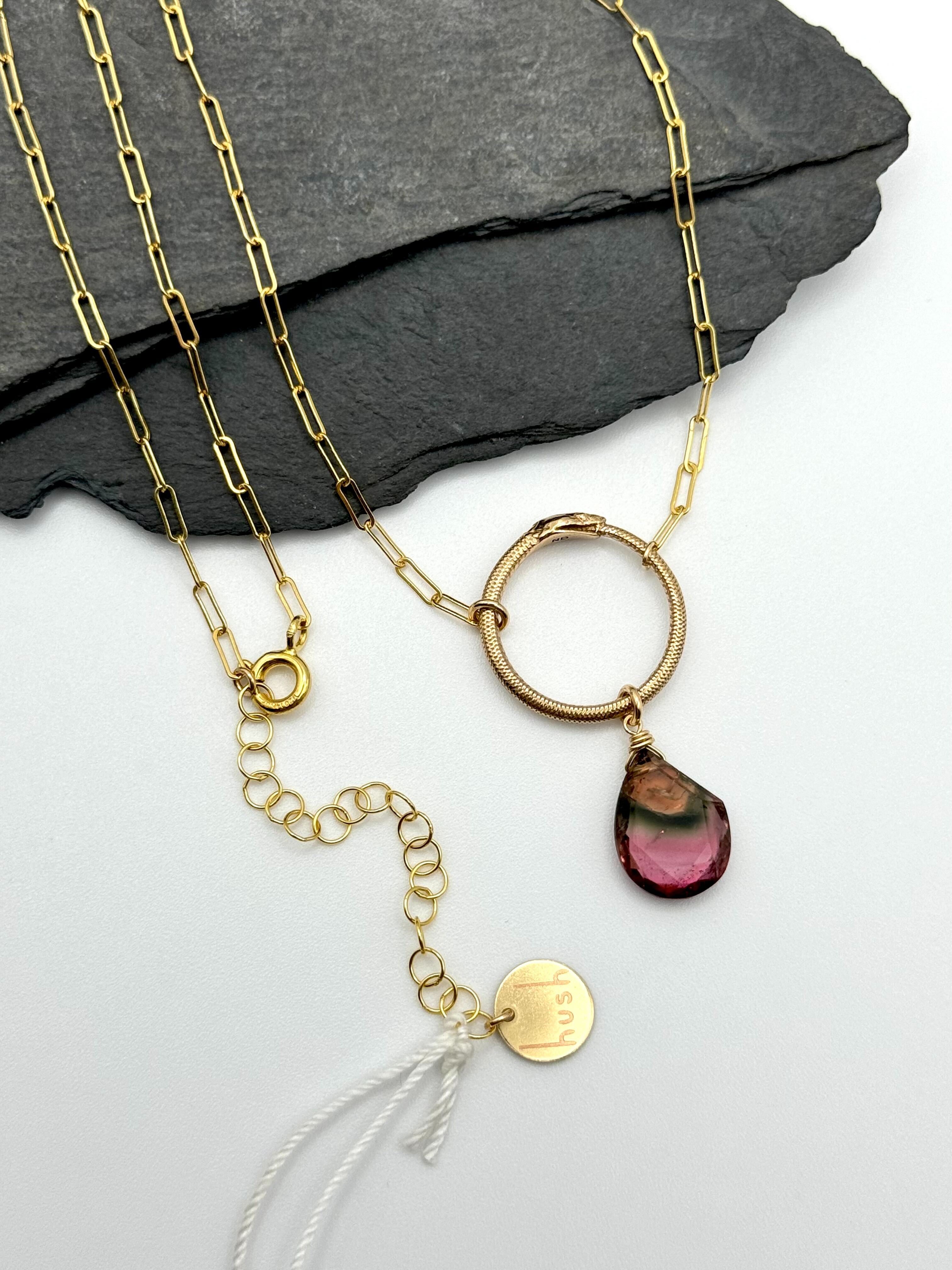 •SUEÑO• watermelon tourmaline + ouroboros + gold necklace (18"-20" long)