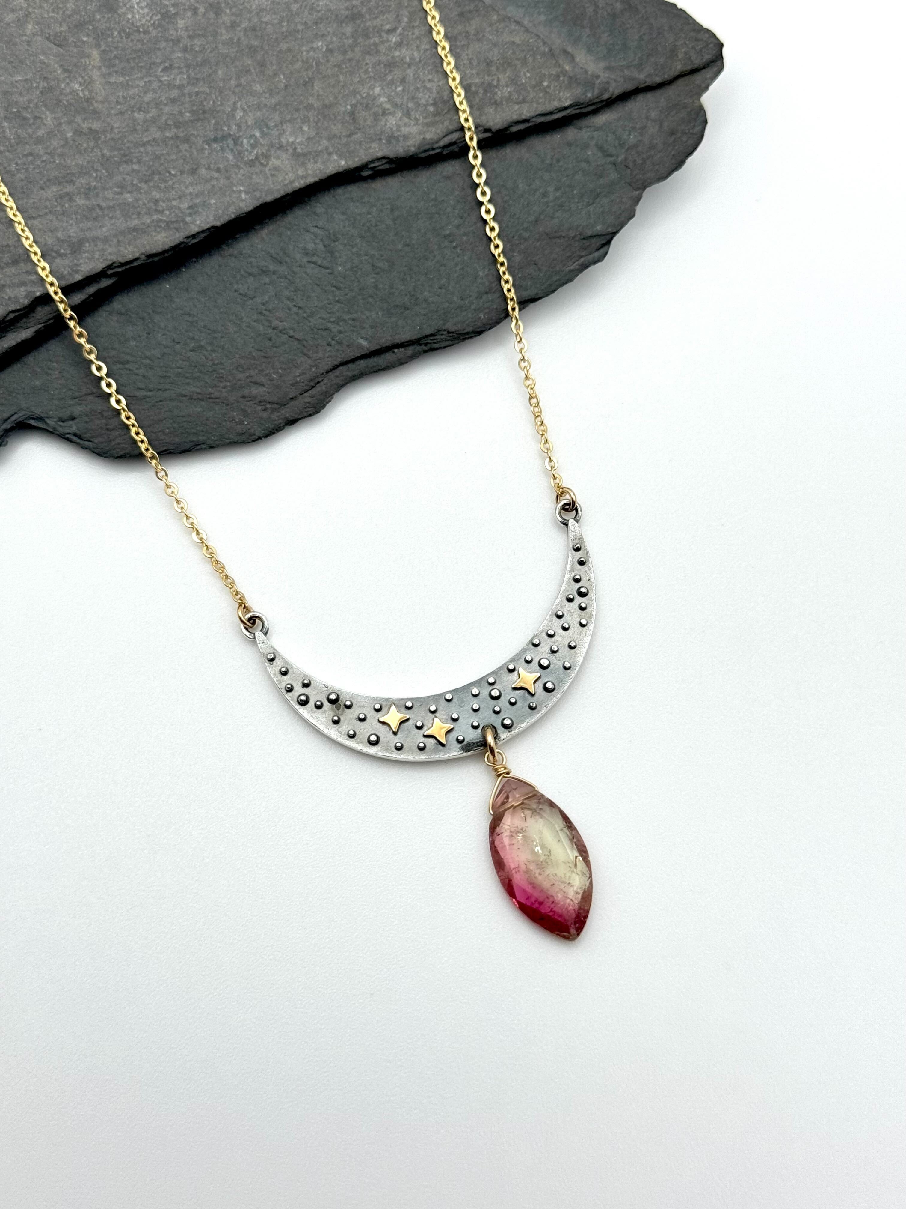 •NYX• watermelon tourmaline + moon + mixed metal necklace (16"-18" long)