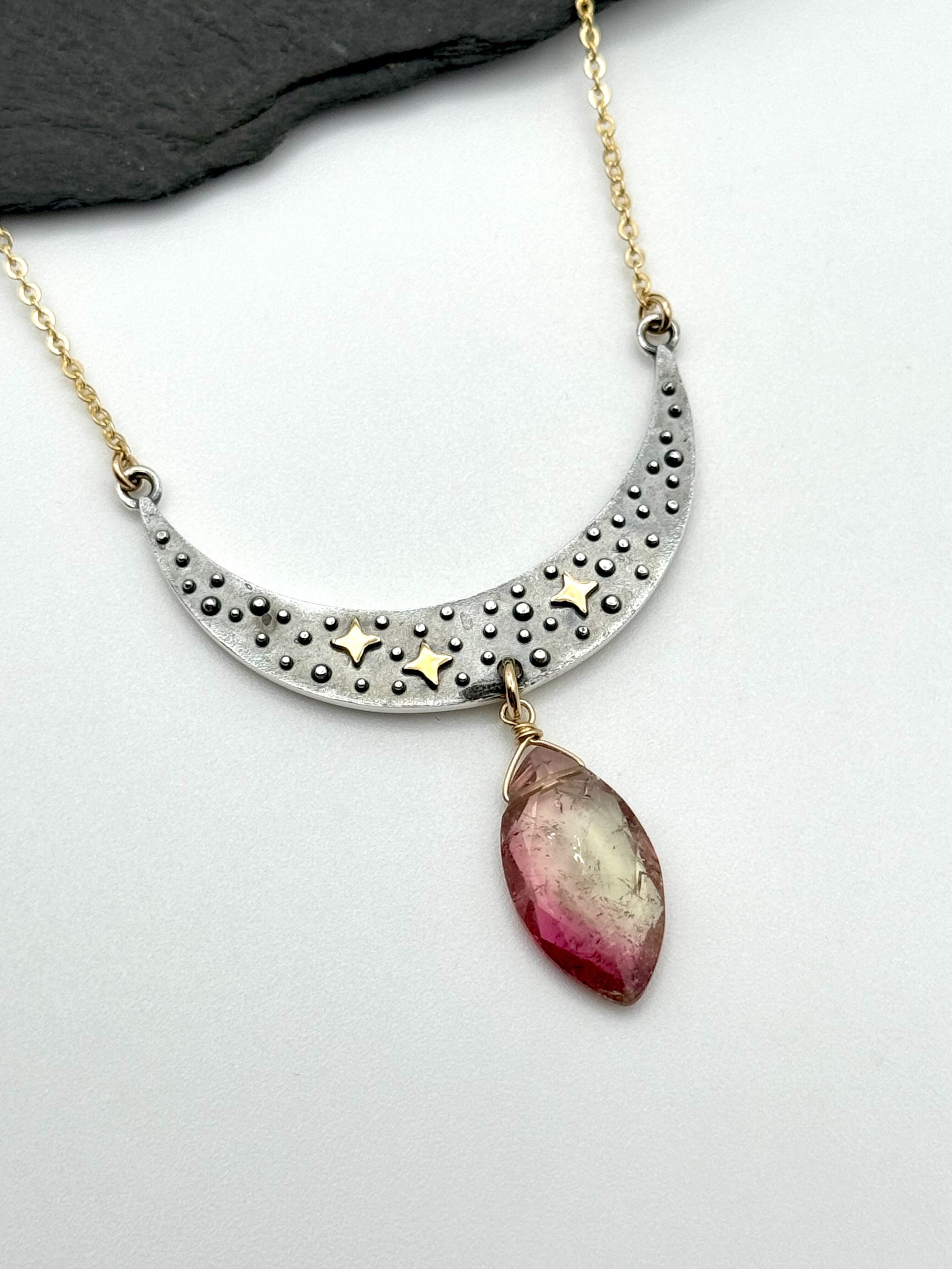 •NYX• watermelon tourmaline + moon + mixed metal necklace (16"-18" long)