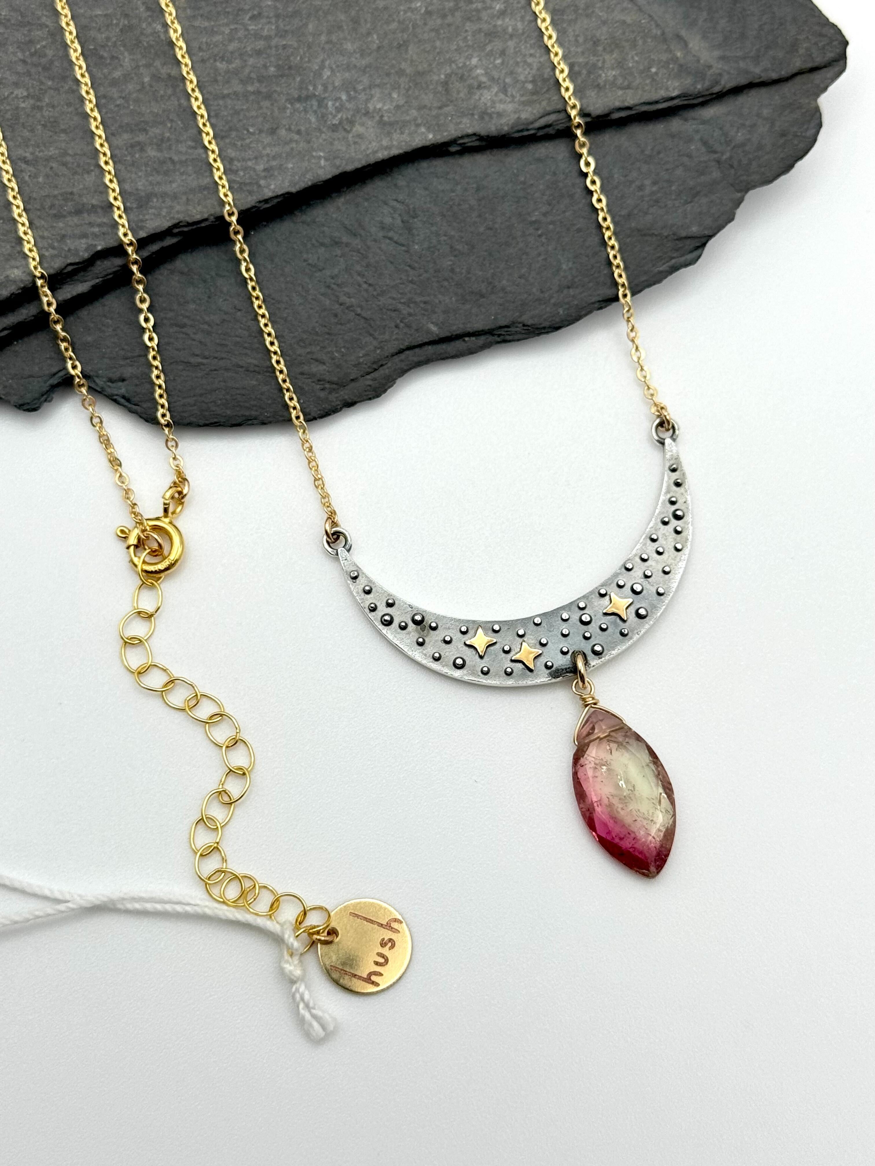 •NYX• watermelon tourmaline + moon + mixed metal necklace (16"-18" long)