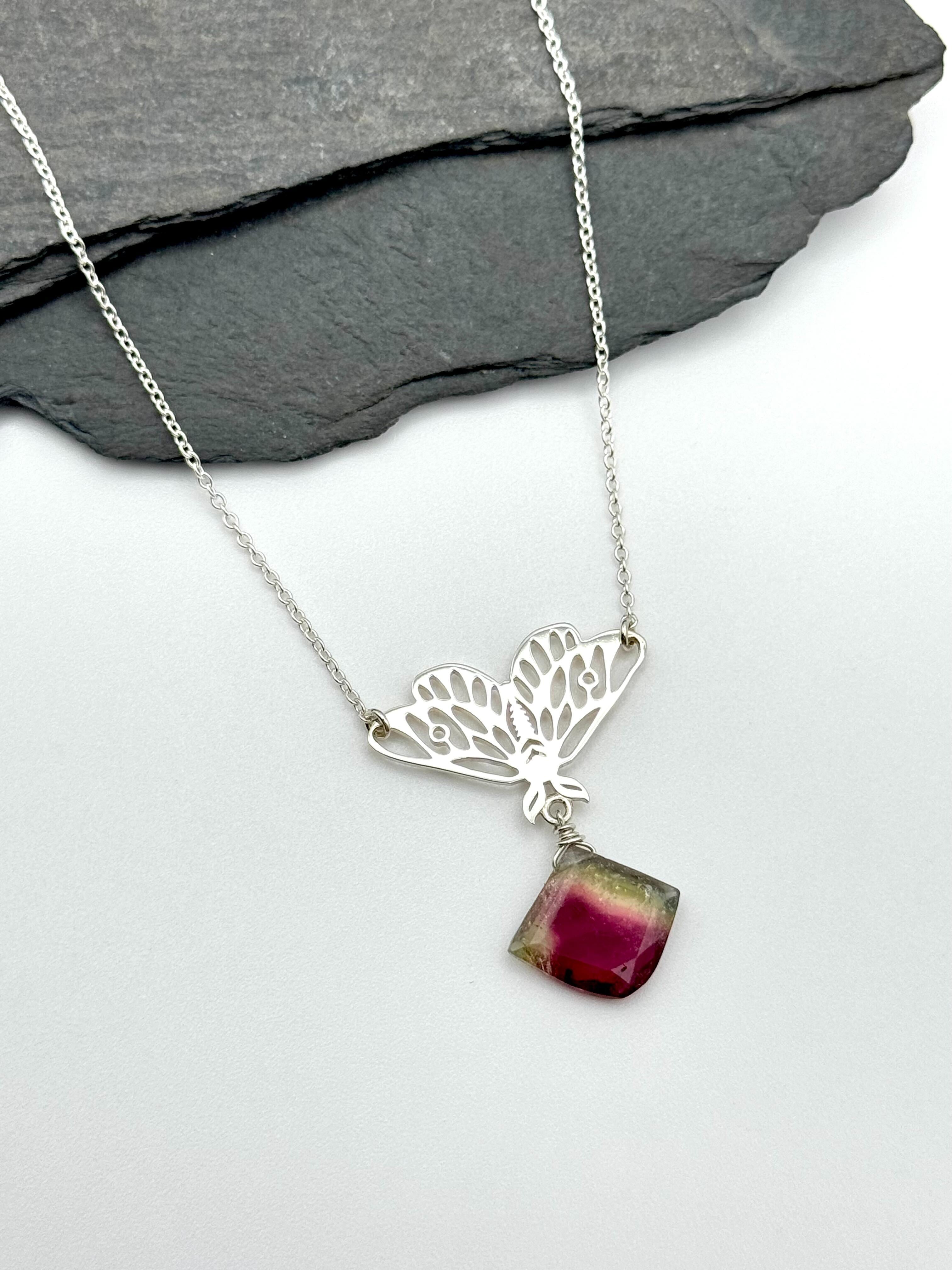 •GUIDE• watermelon tourmaline + moth + silver necklace (18"-20" long)
