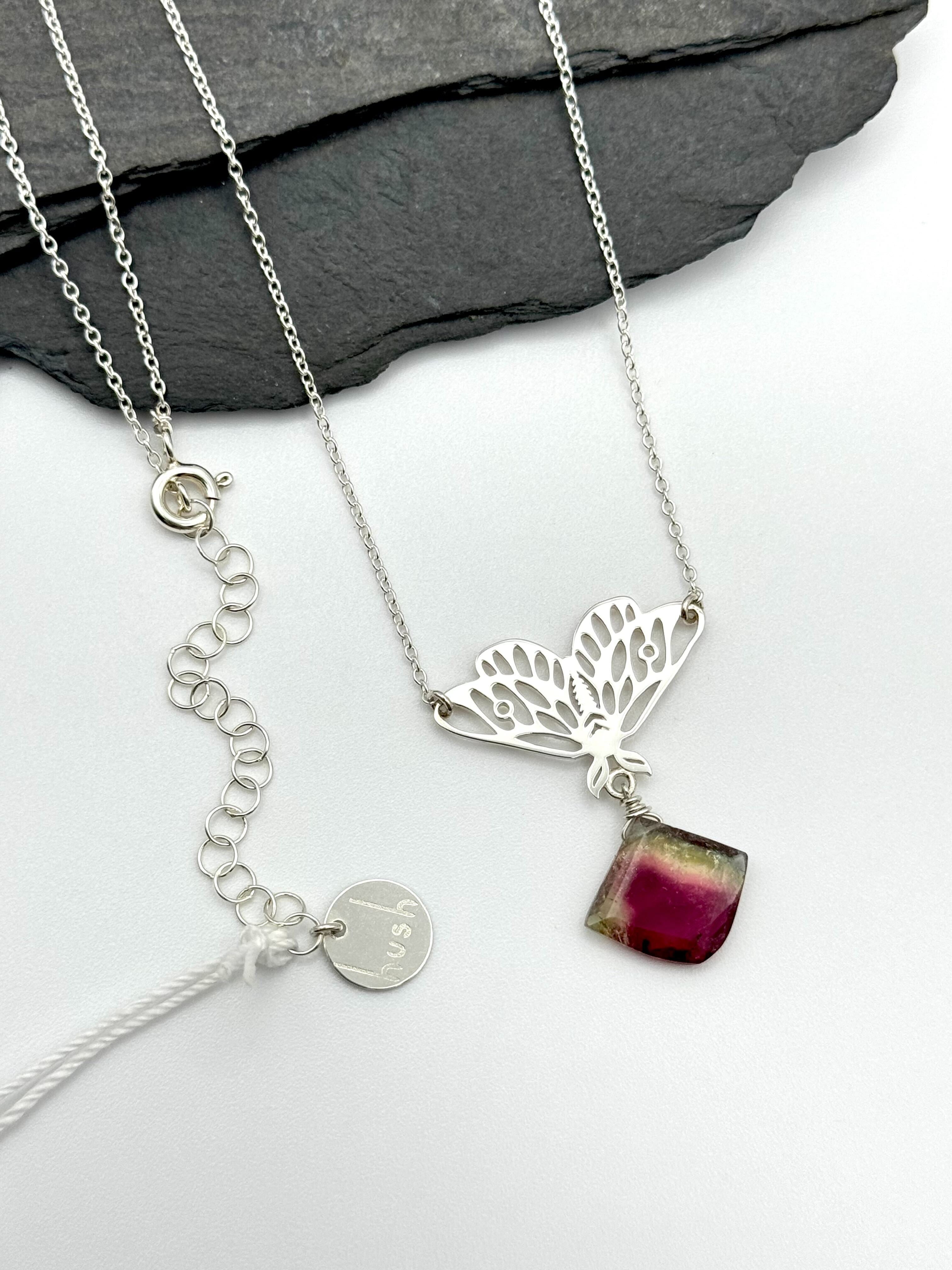 •GUIDE• watermelon tourmaline + moth + silver necklace (18"-20" long)