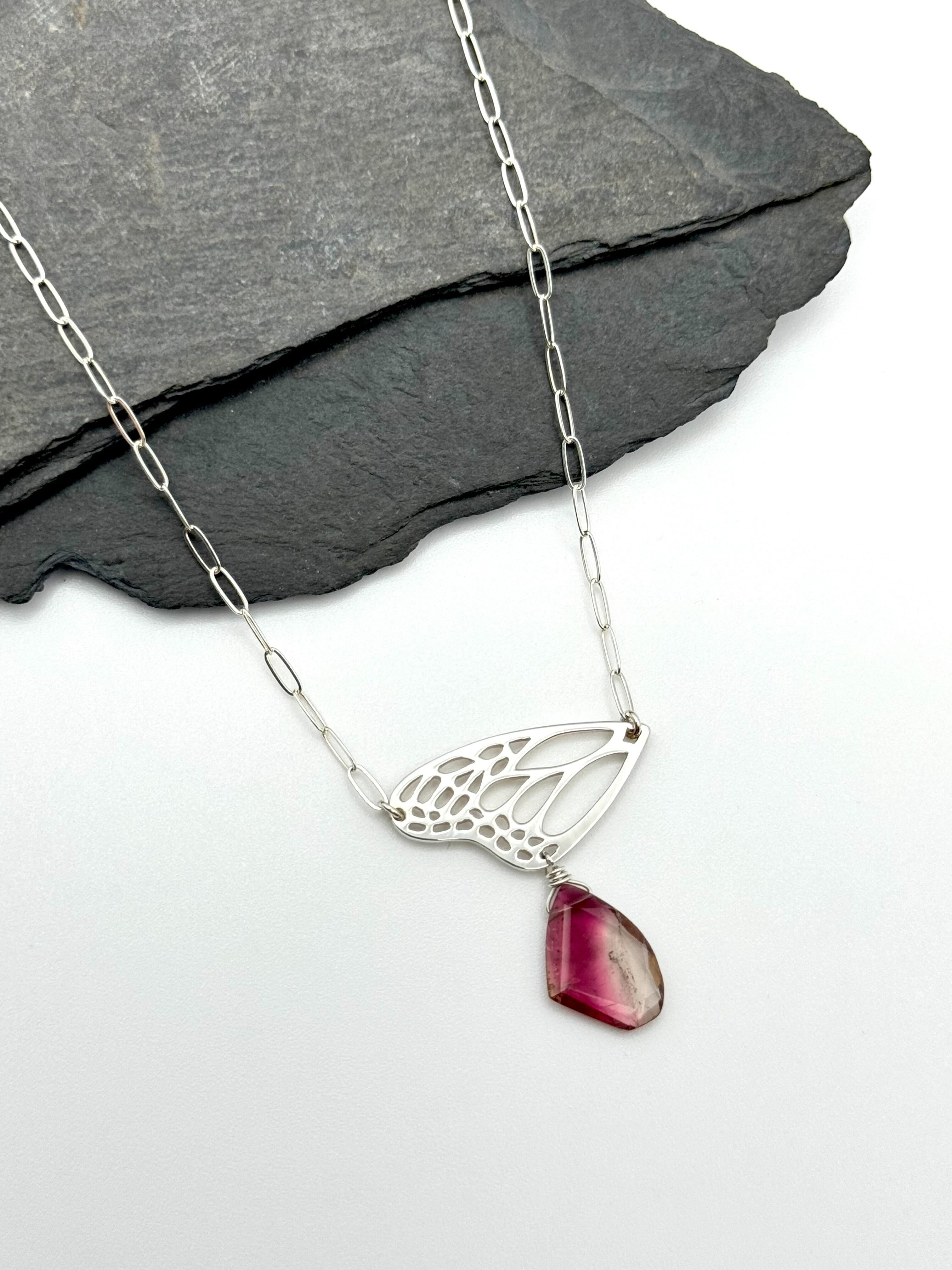 •RENEWAL• watermelon tourmaline + wing + silver necklace (18"-20" long)