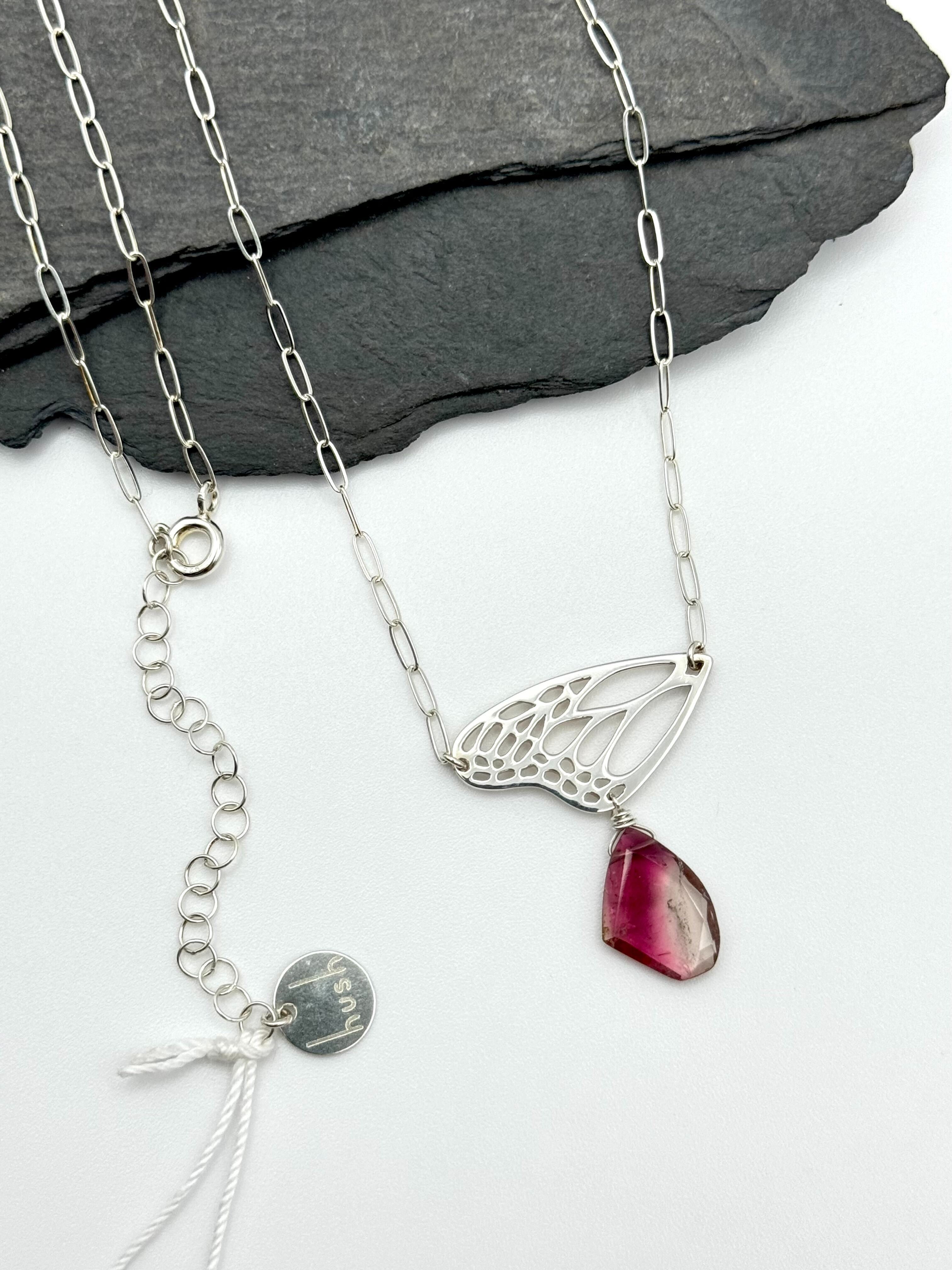 •RENEWAL• watermelon tourmaline + wing + silver necklace (18"-20" long)