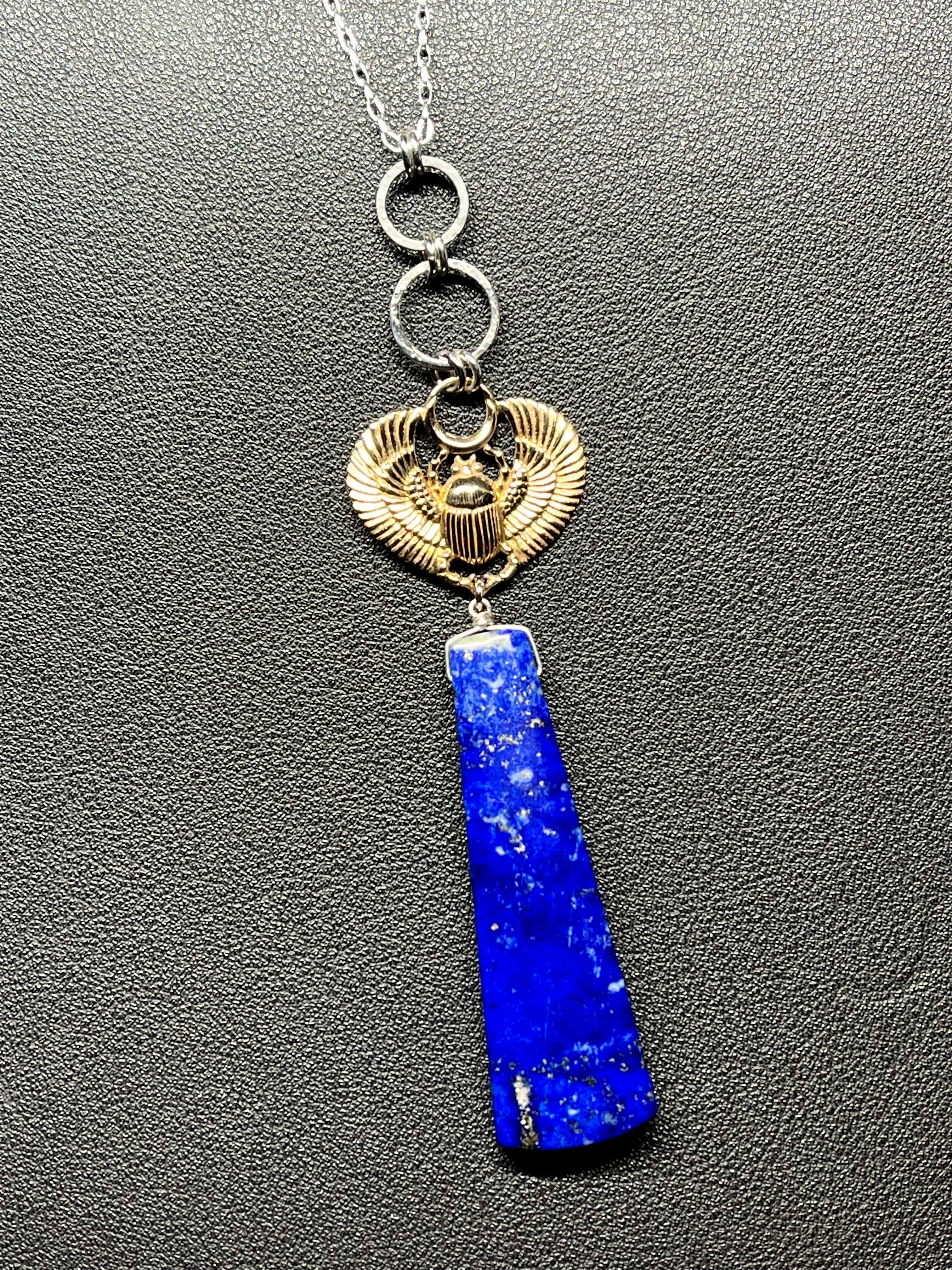 •ASET• lapis + scarab + mixed metal necklace (26"-28")