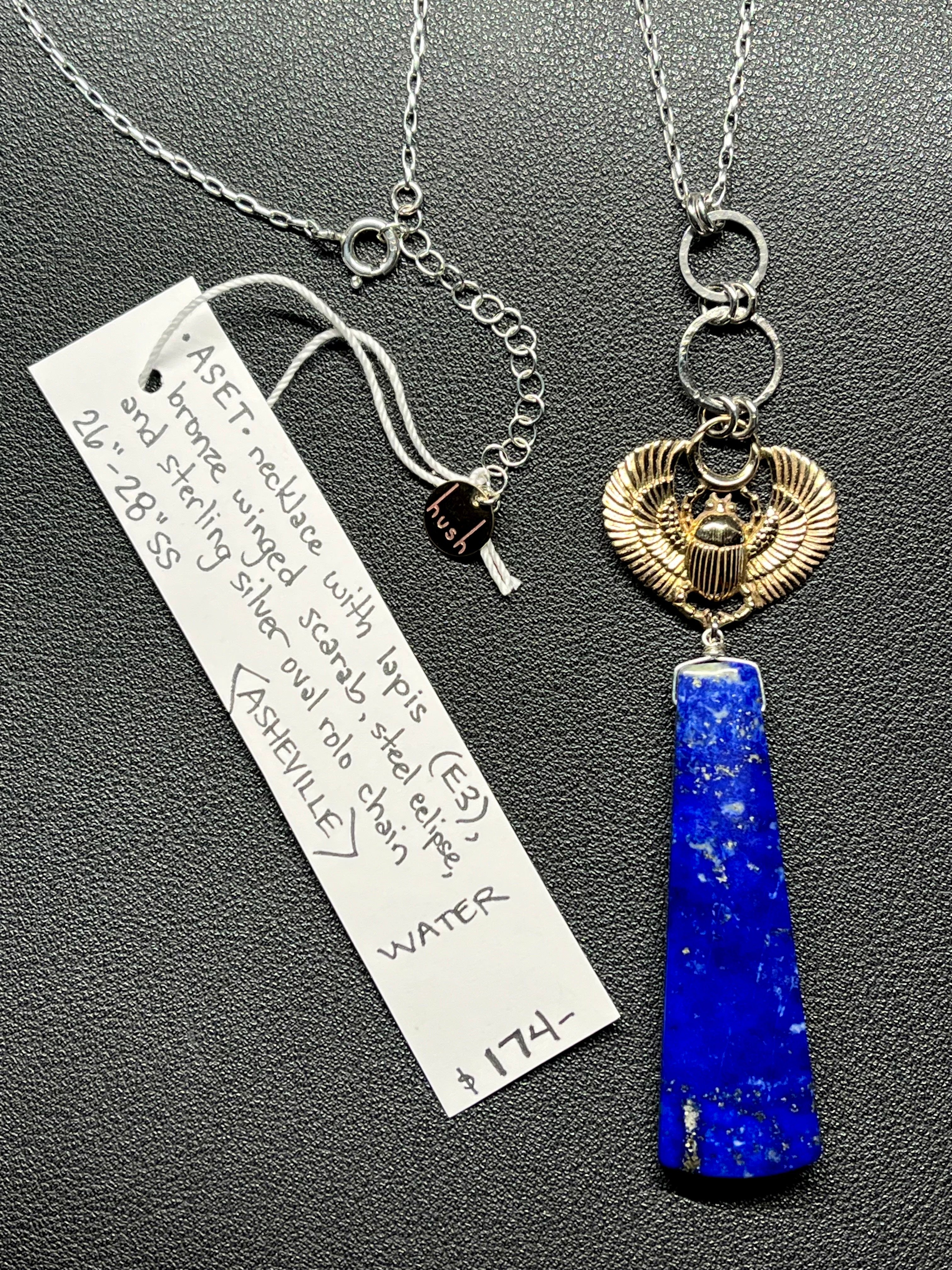 •ASET• lapis + scarab + mixed metal necklace (26"-28")