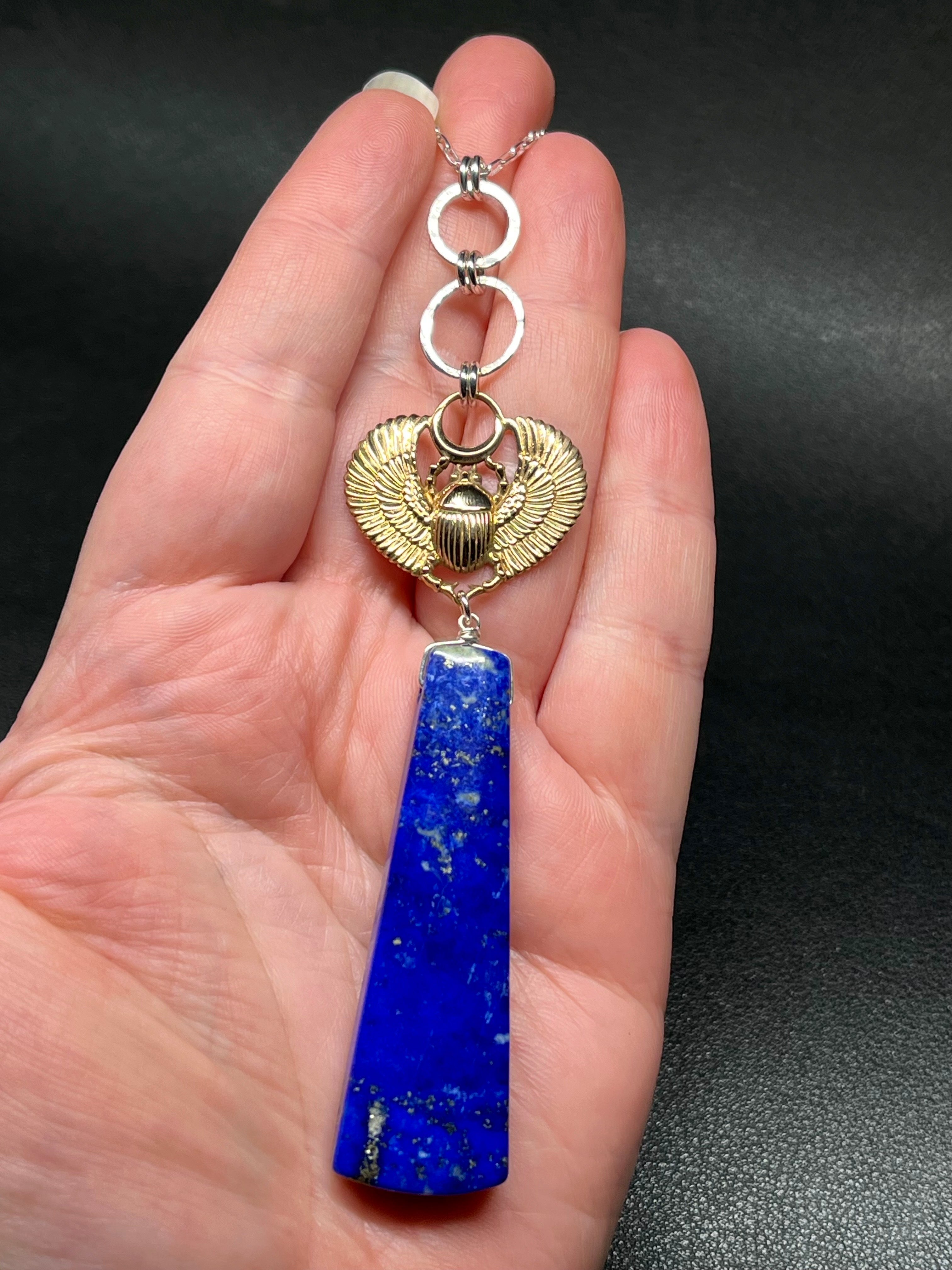 •ASET• lapis + scarab + mixed metal necklace (26"-28")