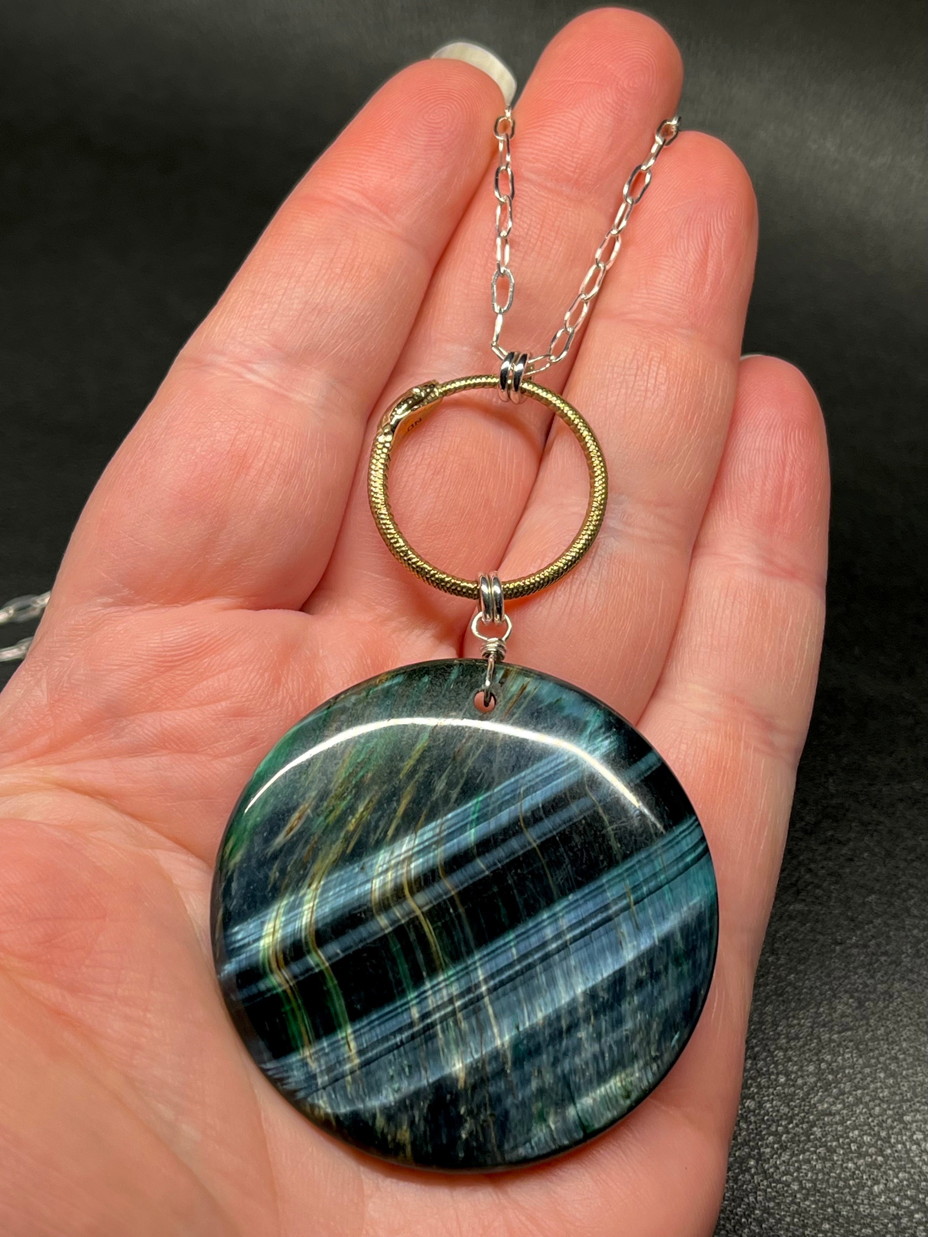 •SUEÑO• hawk eye + ouroboros + mixed metal necklace (26"-28")