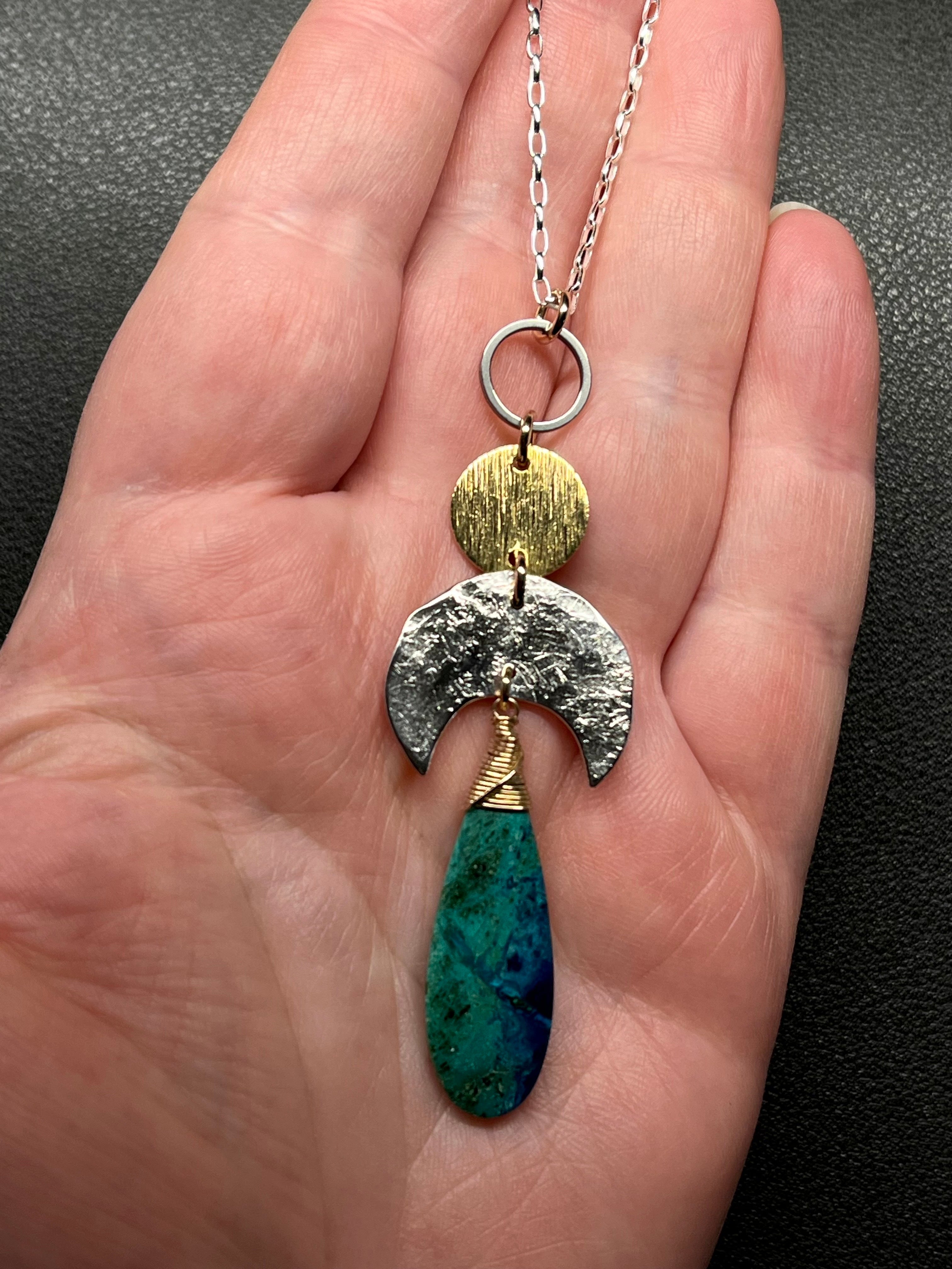 •NYX• chrysocolla + moons + mixed metal necklace (18"-20")