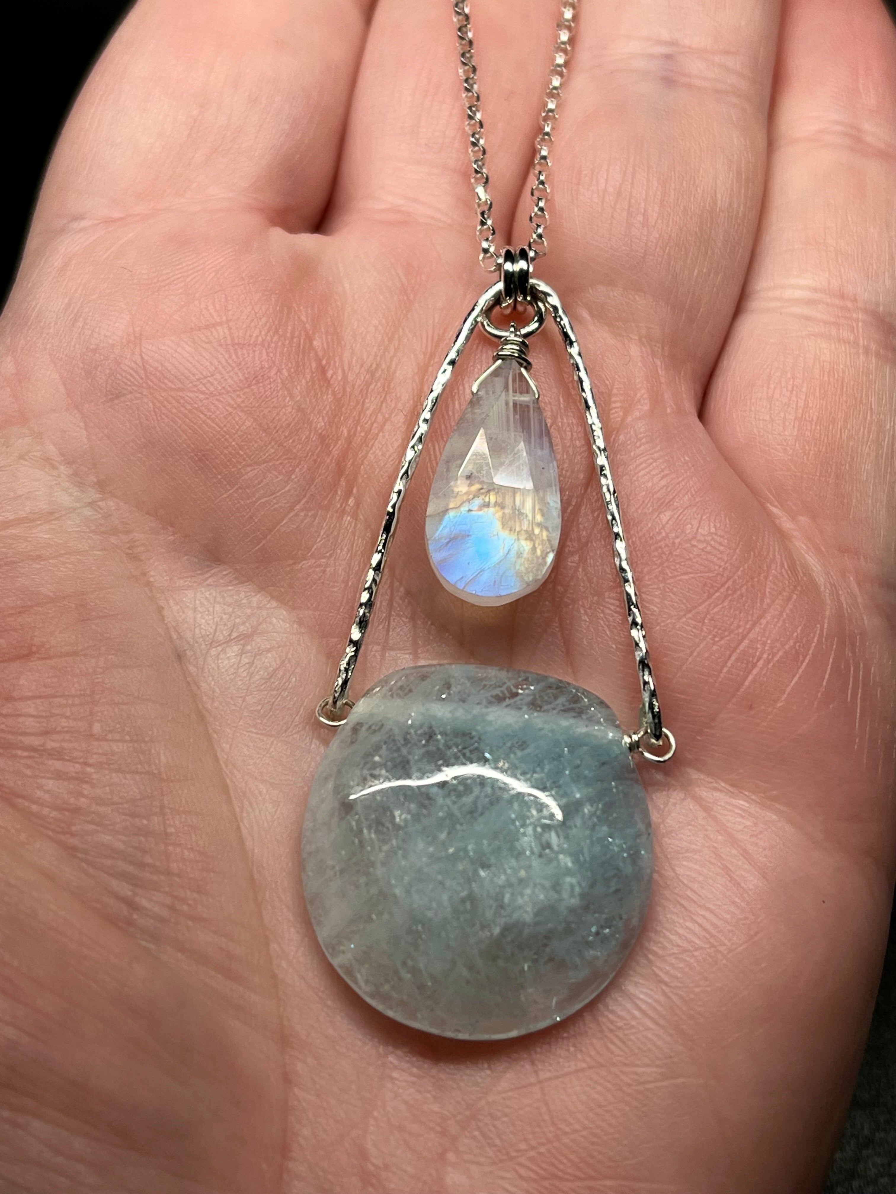 •AEON• aquamarine + rainbow moonstone + silver necklace (18"-20")