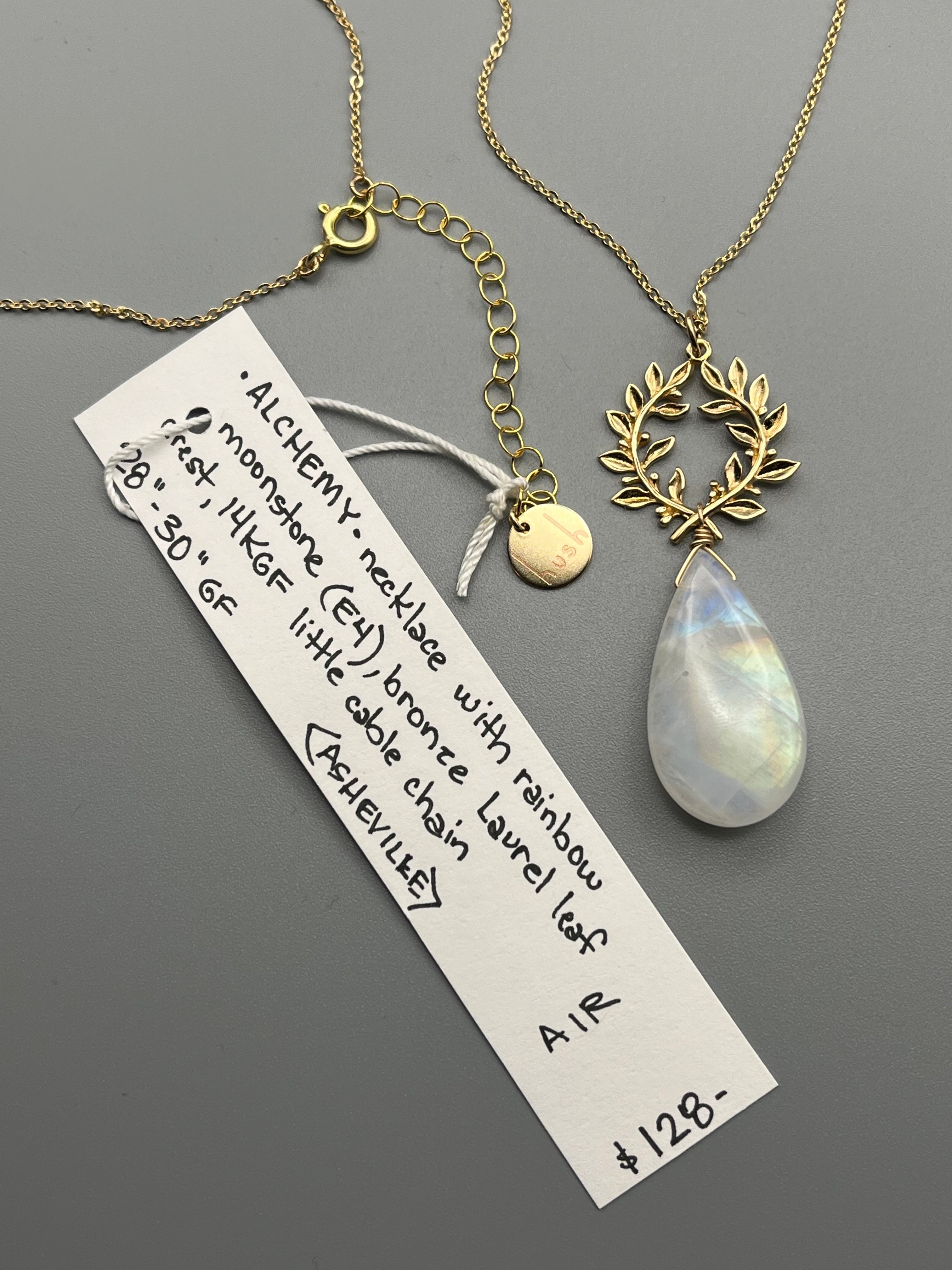 •ALCHEMY• rainbow moonstone + laurel leaves mixed metal necklace (28"-30" long)